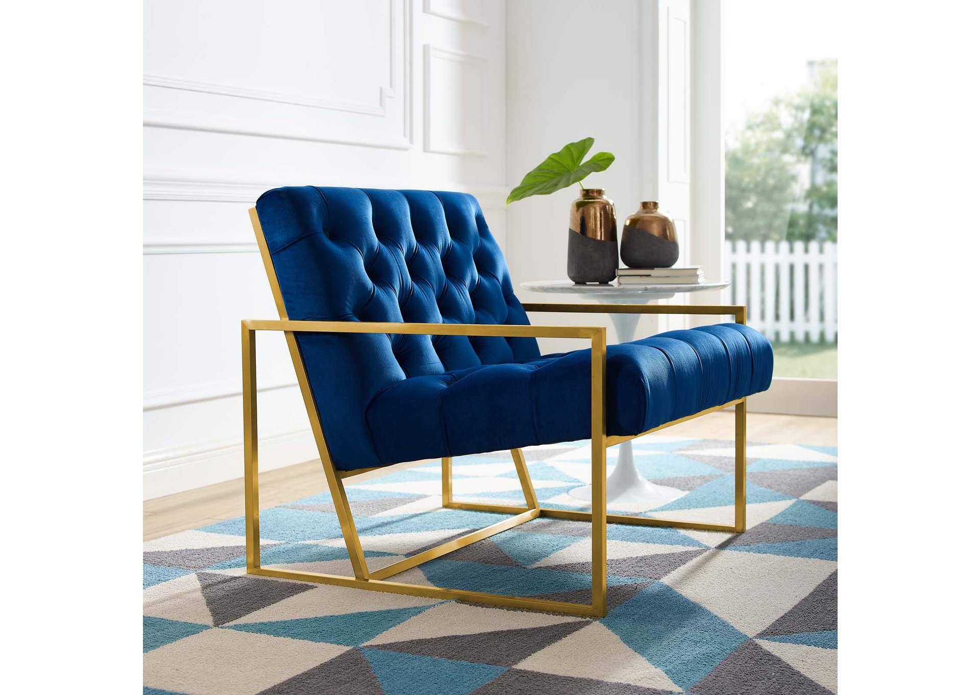 Navy Bequest Gold Stainless Steel Performance Velvet Accent Chair,Modway