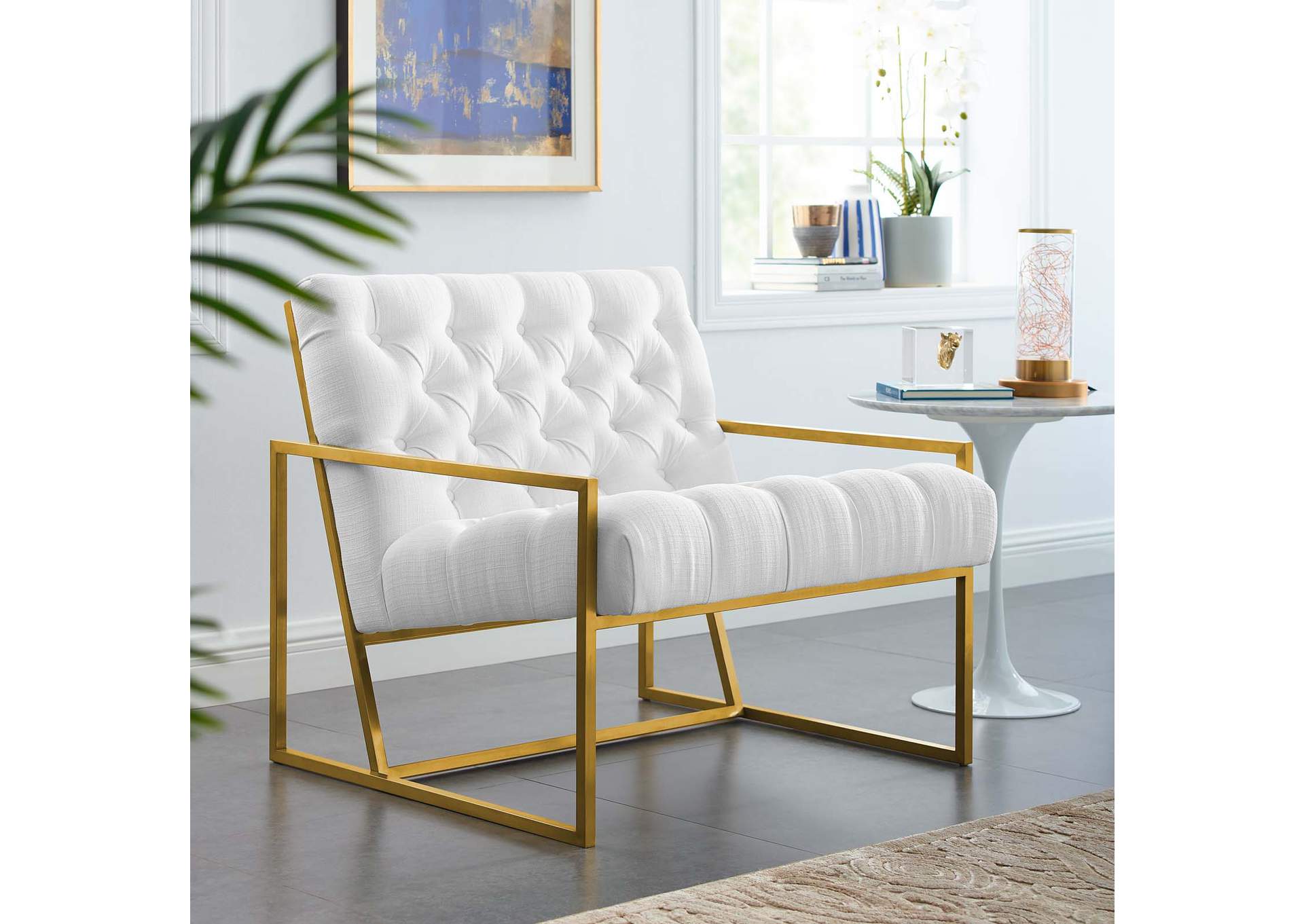 White Bequest Gold Stainless Steel Upholstered Fabric Accent Chair,Modway
