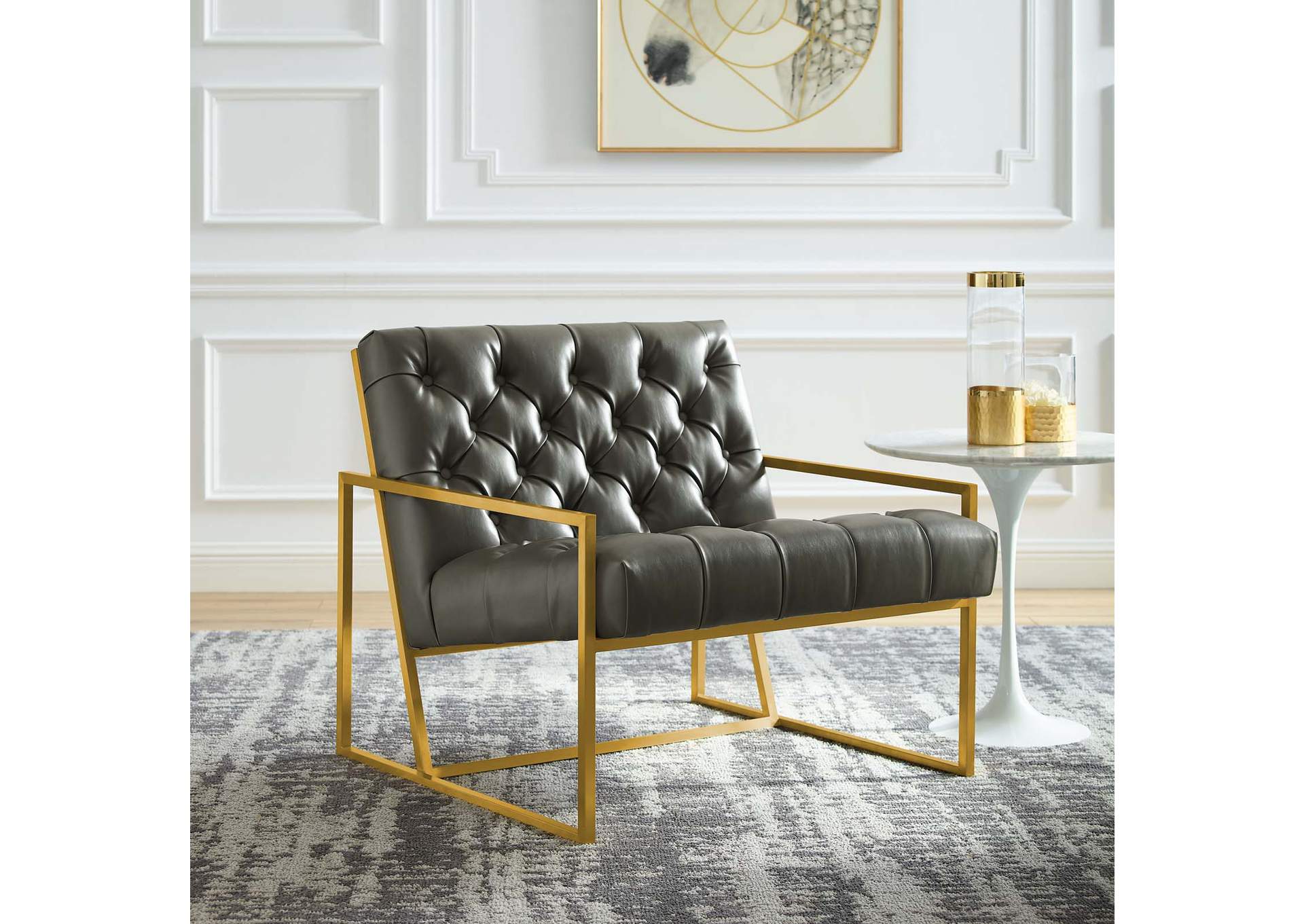 Gray Bequest Antique Gold Stainless Steel Faux Leather Accent Chair,Modway