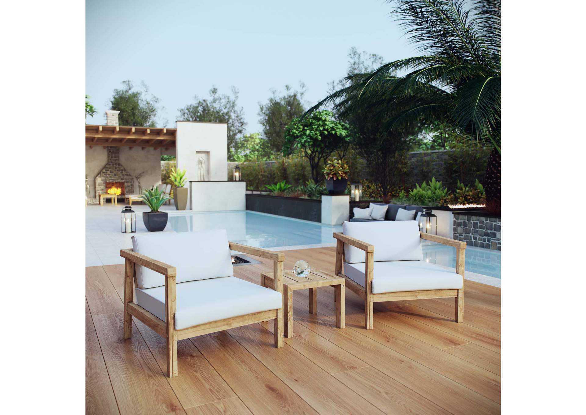 Natural White Bayport 3 Piece Outdoor Patio Teak Set,Modway