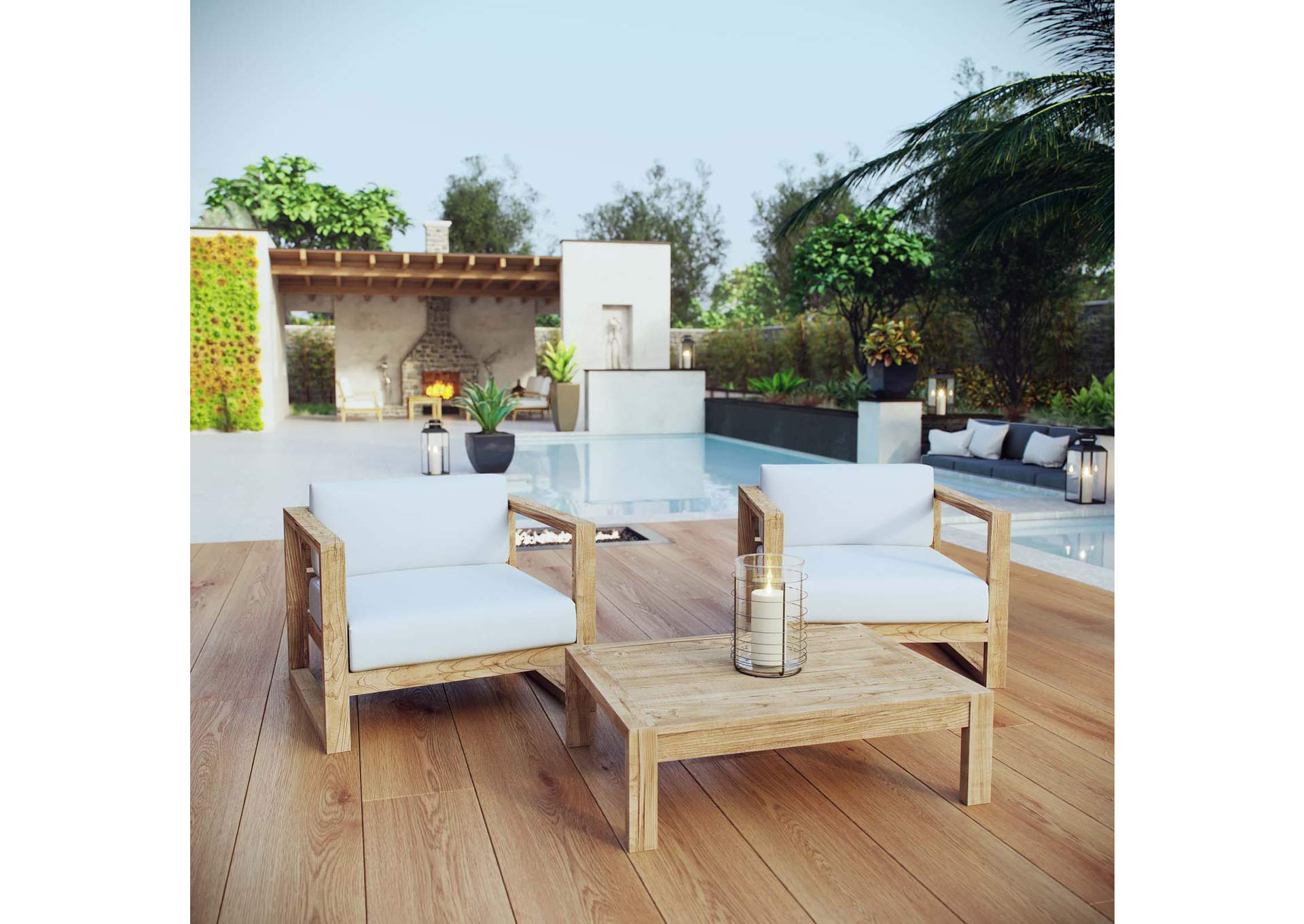 Natural White Upland 3 Piece Outdoor Patio Teak Set,Modway