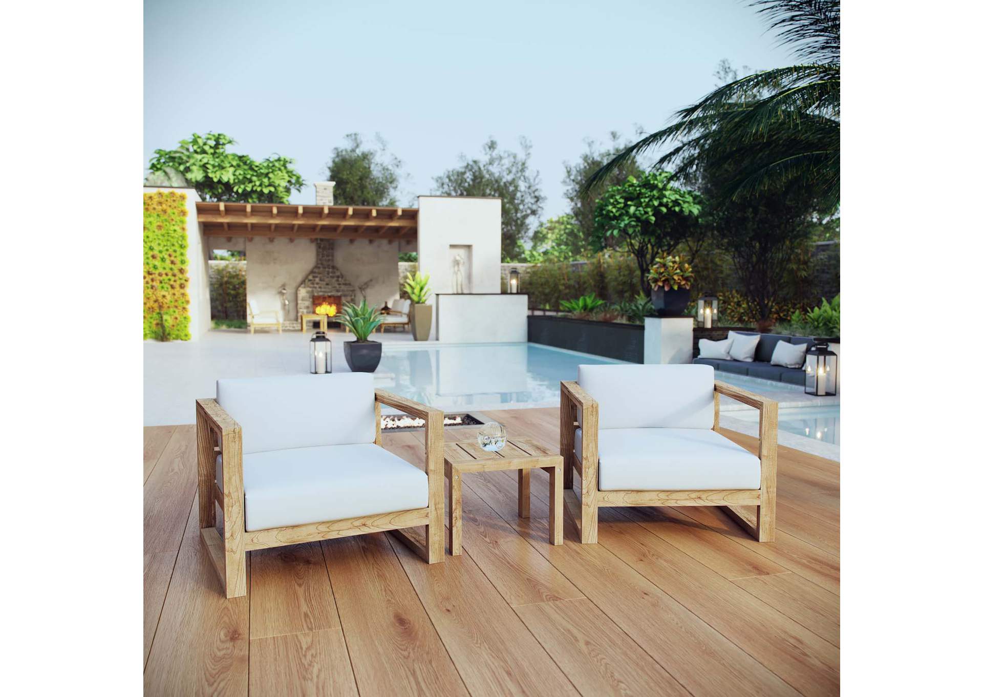 Natural White Upland 3 Piece Outdoor Patio Teak Set,Modway