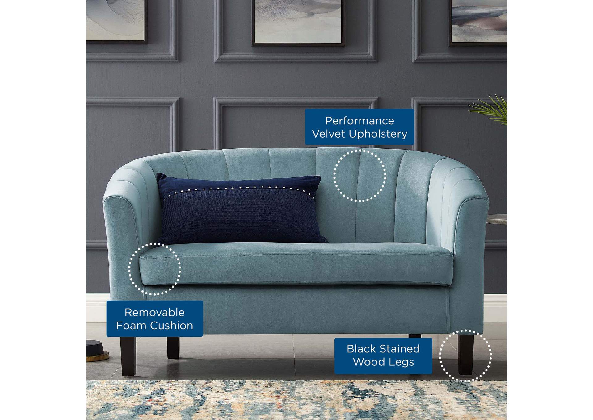 Light Blue Prospect Channel Tufted Performance Velvet Loveseat,Modway
