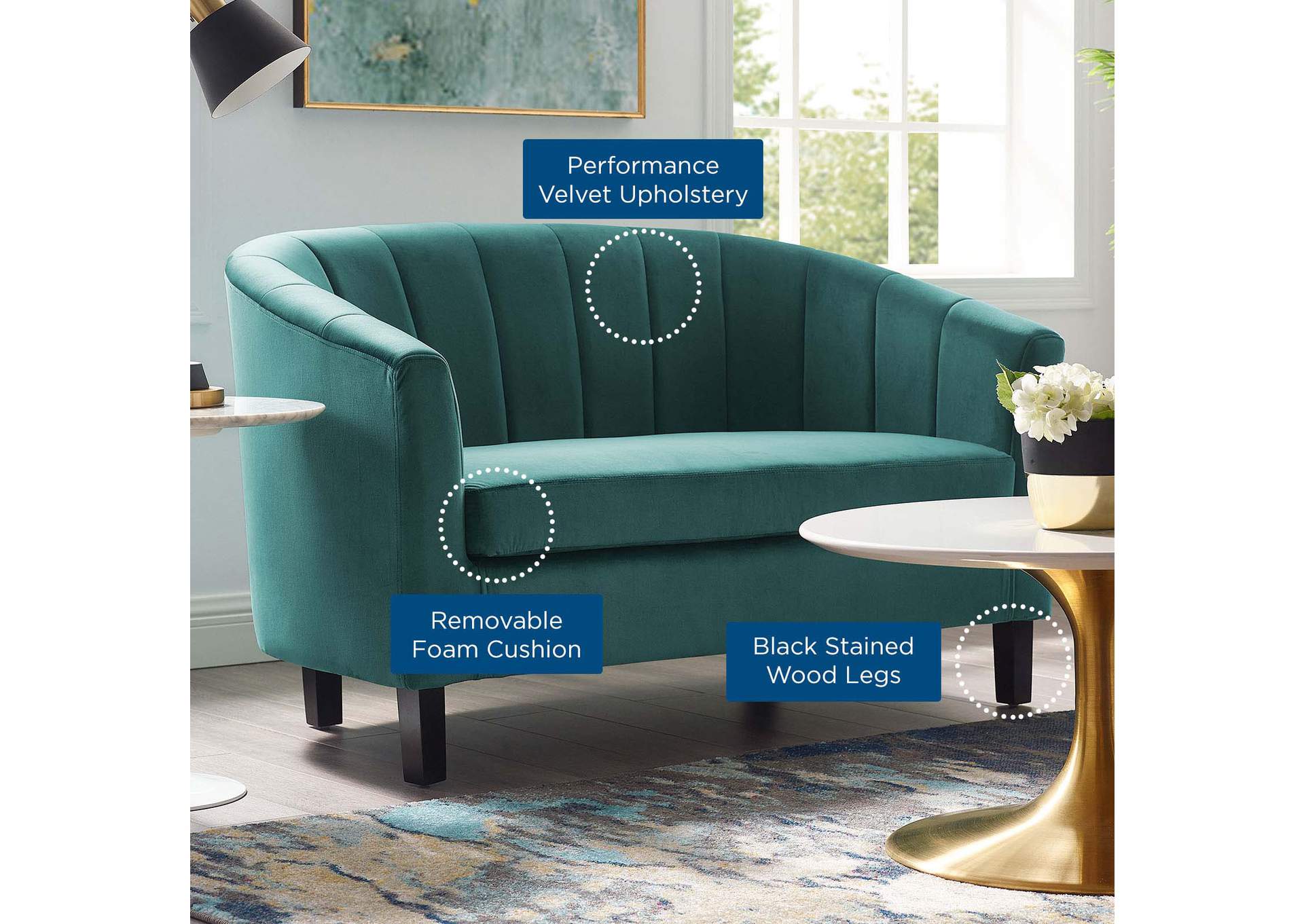 Teal Prospect Channel Tufted Performance Velvet Loveseat,Modway