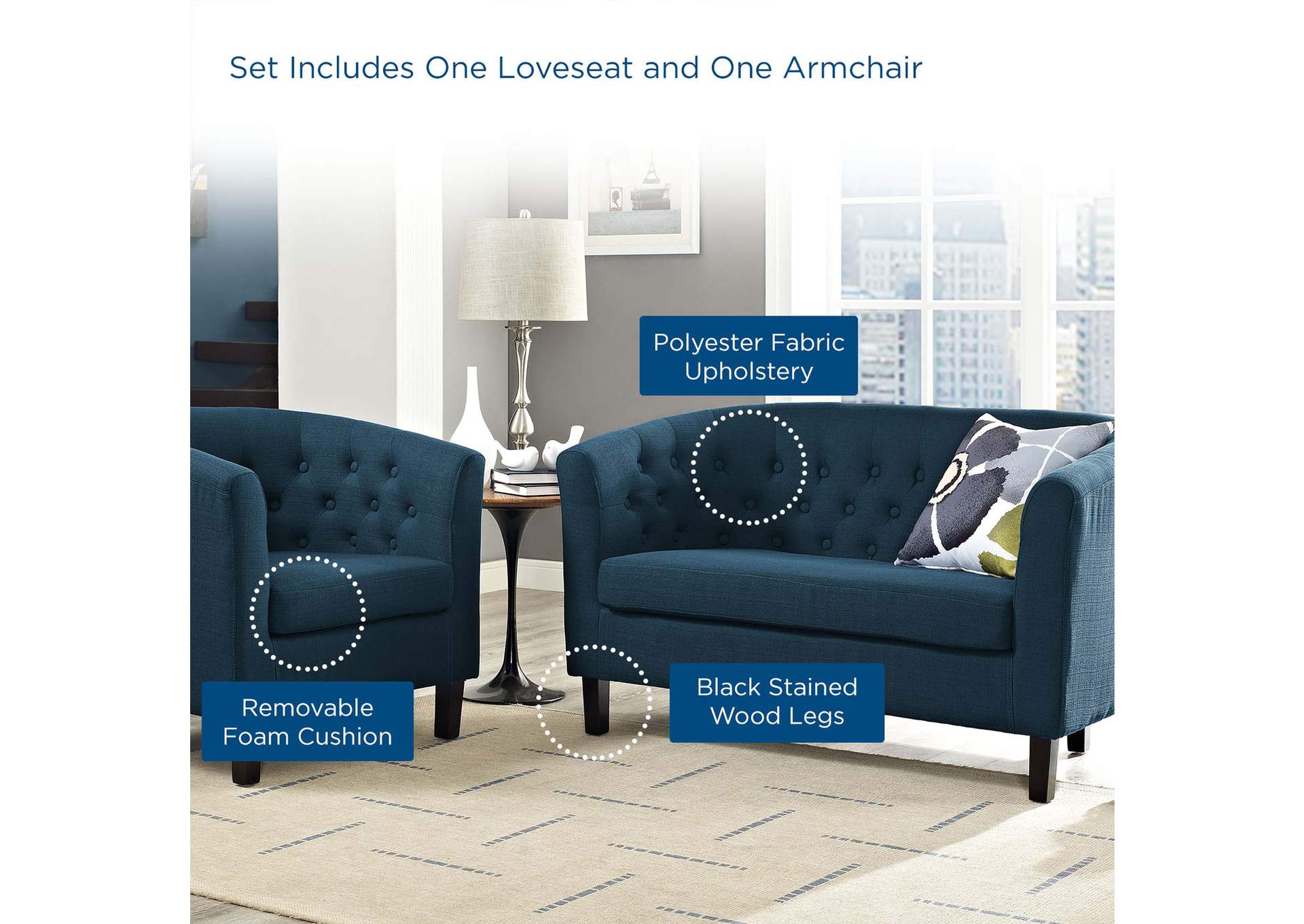 Azure Prospect 2 Piece Upholstered Fabric Loveseat and Armchair Set,Modway