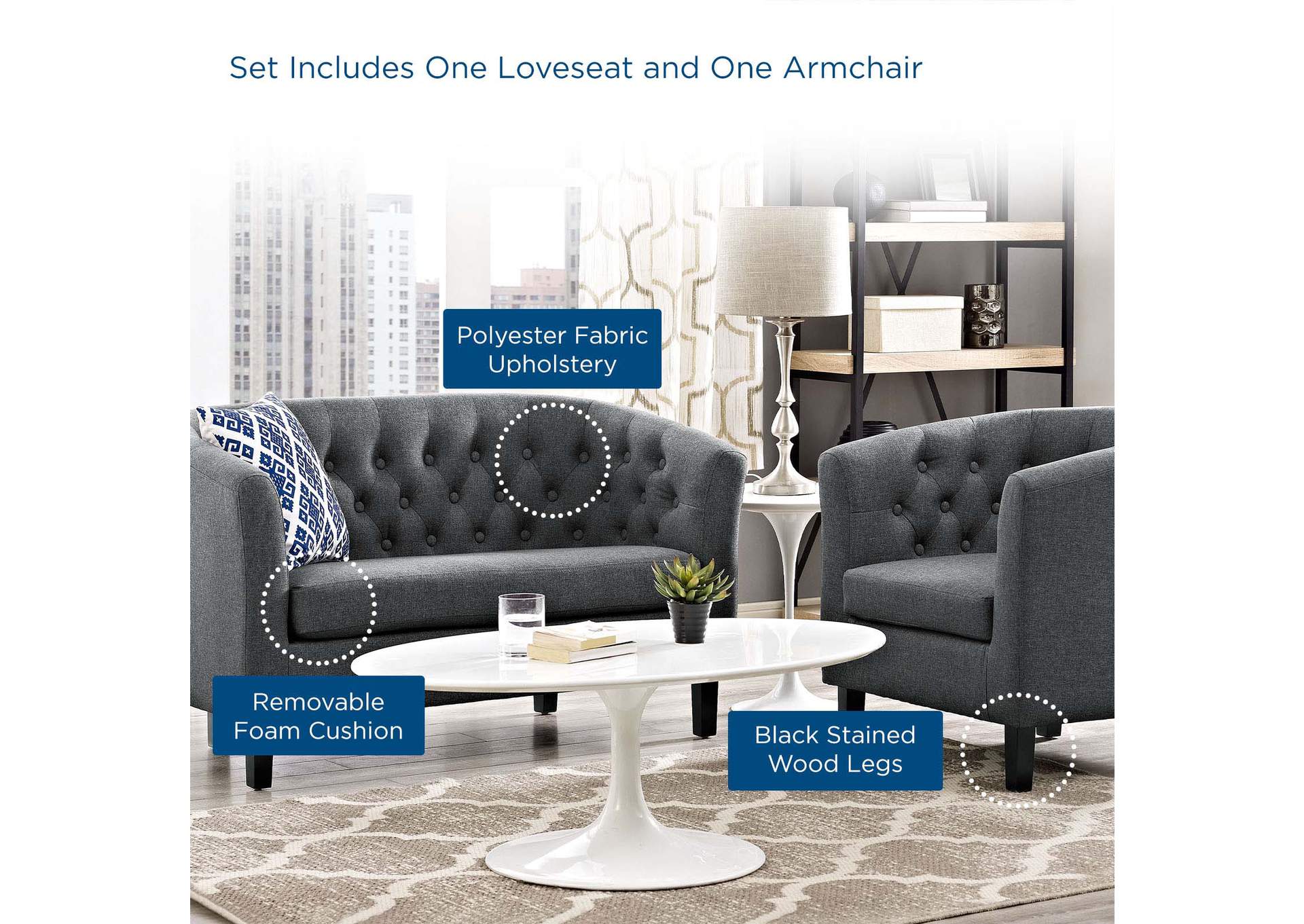 Gray Prospect 2 Piece Upholstered Fabric Loveseat and Armchair Set,Modway