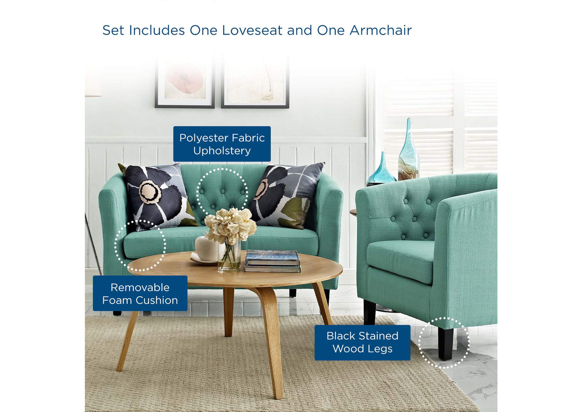 Laguna Prospect 2 Piece Upholstered Fabric Loveseat and Armchair Set,Modway