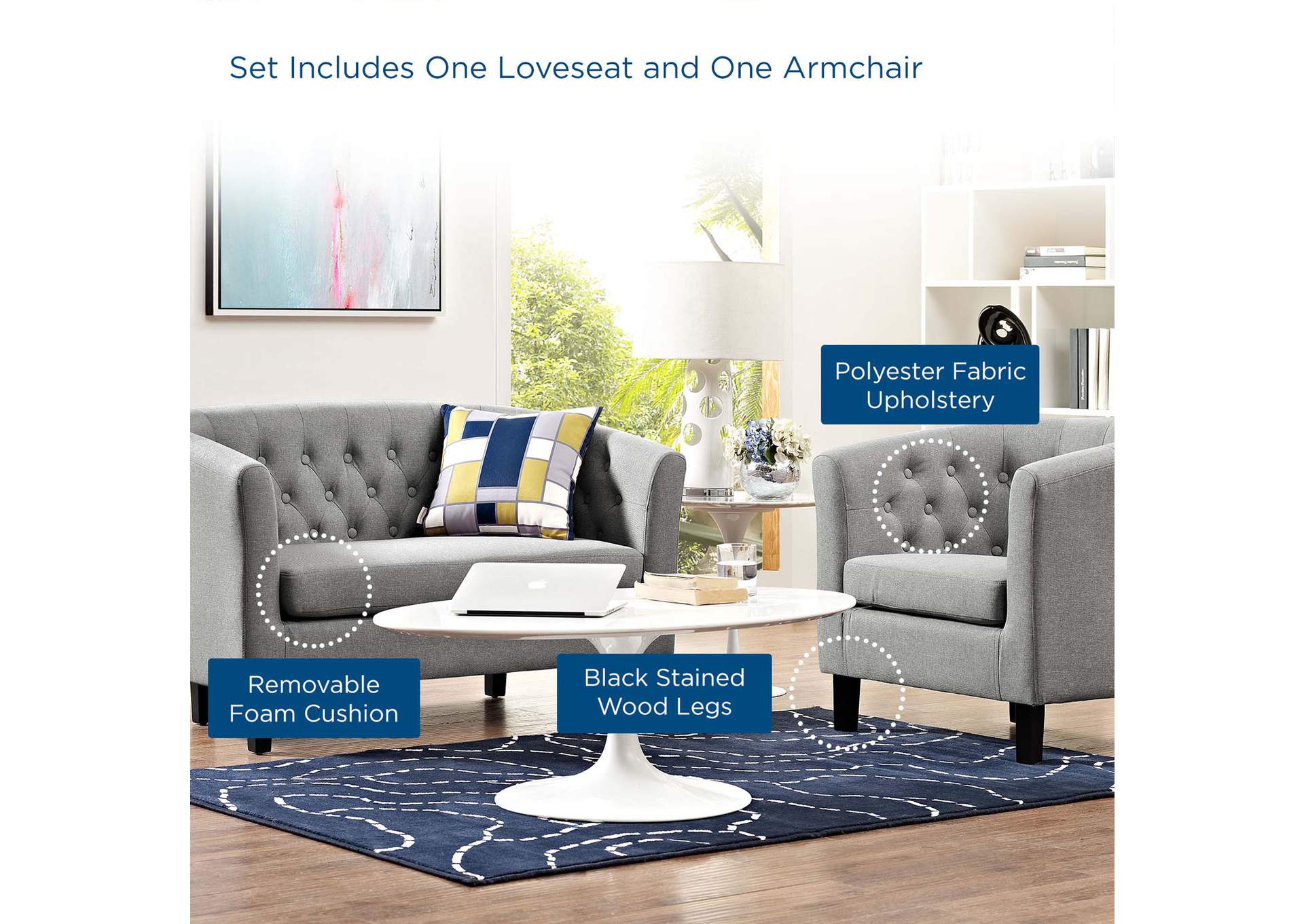 Light Gray Prospect 2 Piece Upholstered Fabric Loveseat and Armchair Set,Modway