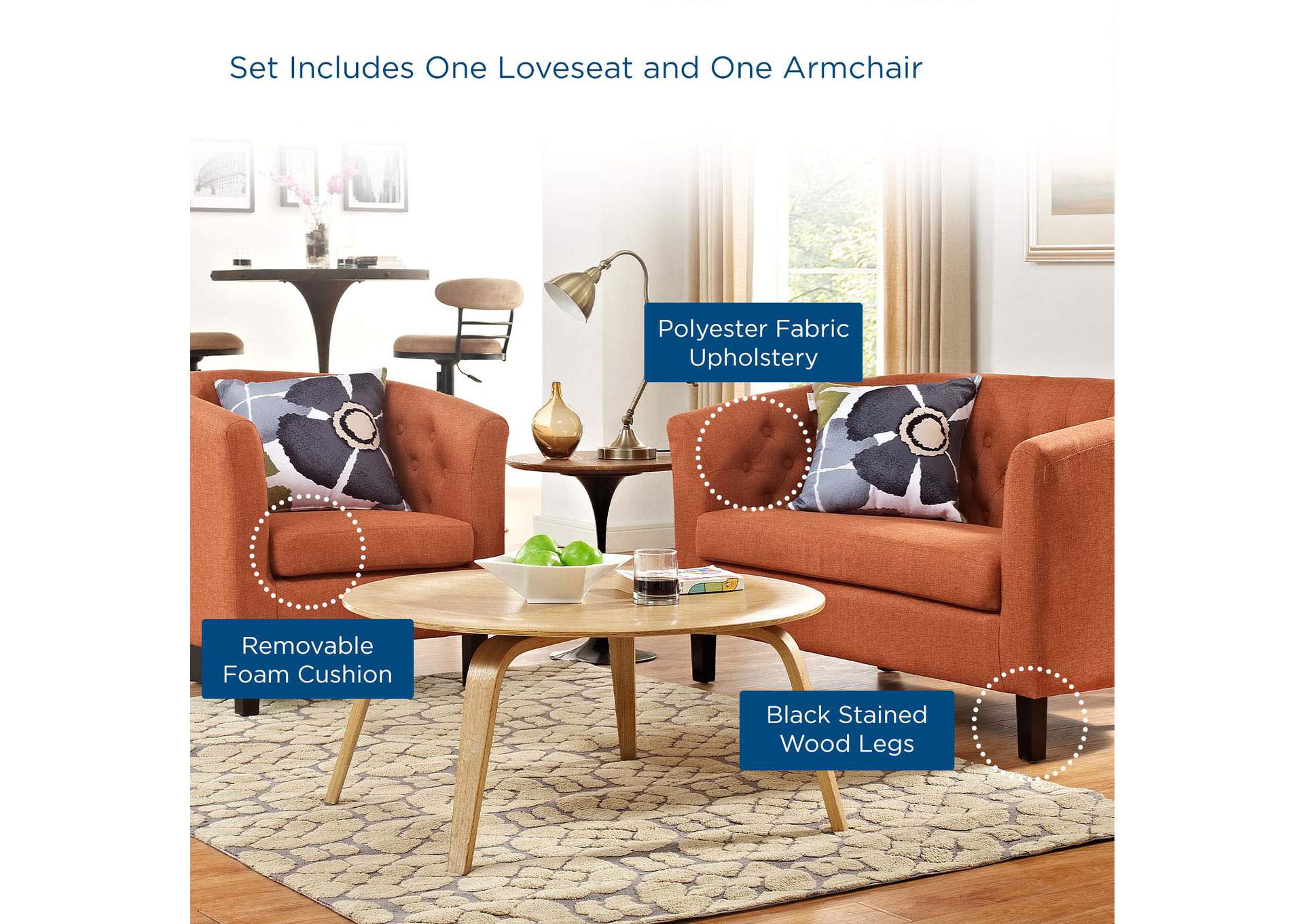 Orange Prospect 2 Piece Upholstered Fabric Loveseat and Armchair Set,Modway