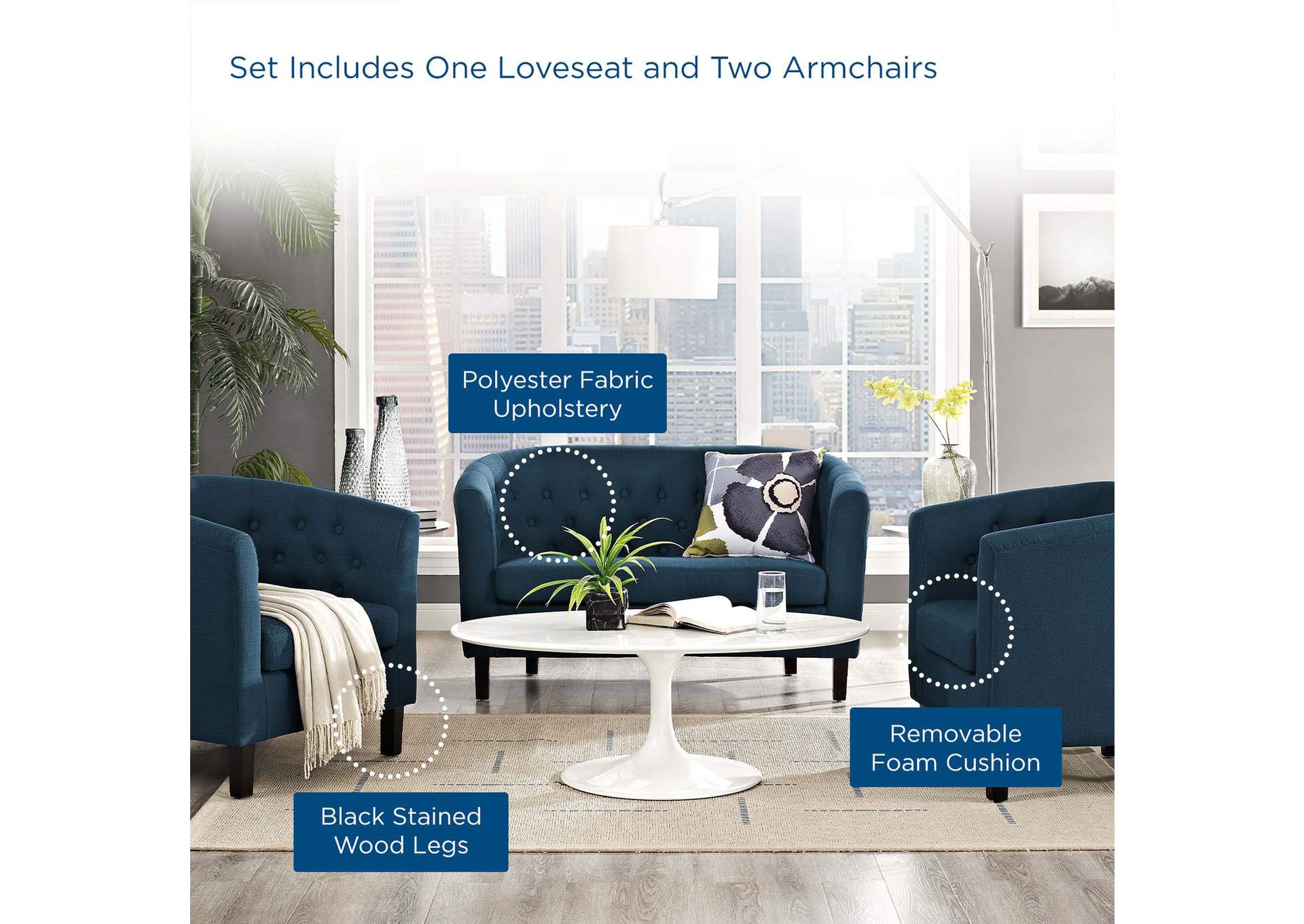 Azure Prospect 3 Piece Upholstered Fabric Loveseat and Armchair Set,Modway
