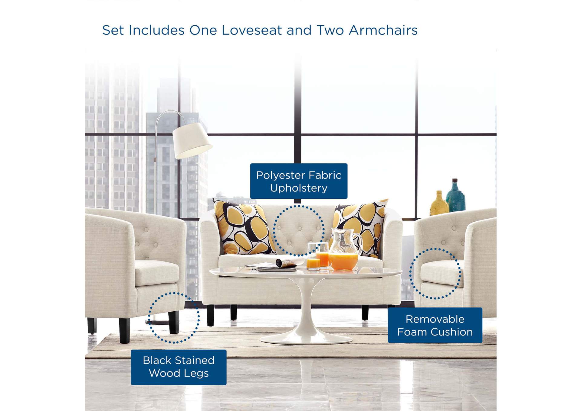 Beige Prospect 3 Piece Upholstered Fabric Loveseat and Armchair Set,Modway