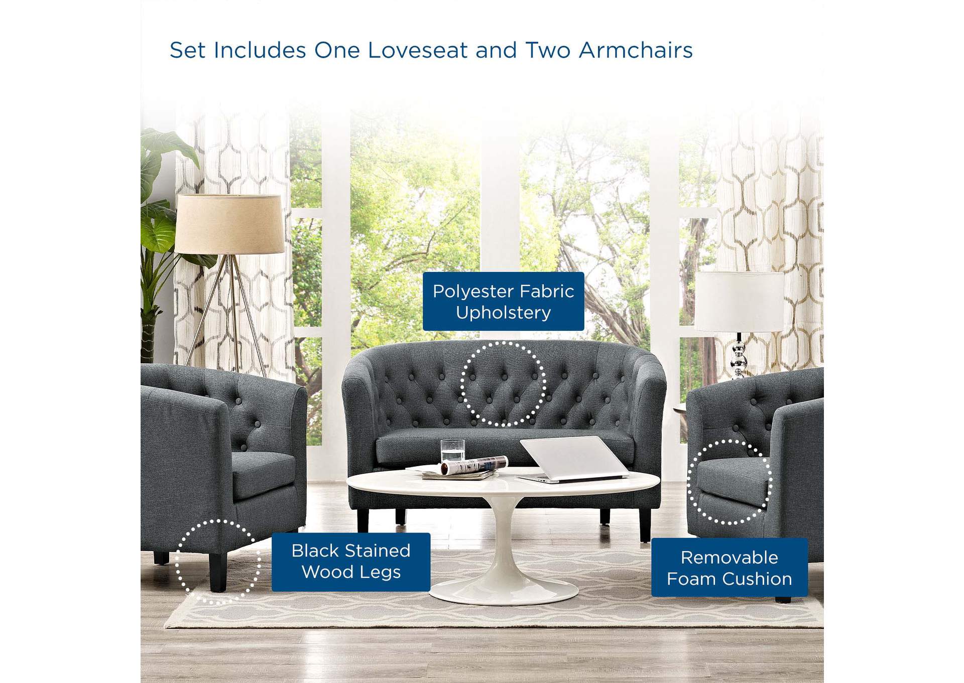 Gray Prospect 3 Piece Upholstered Fabric Loveseat and Armchair Set,Modway