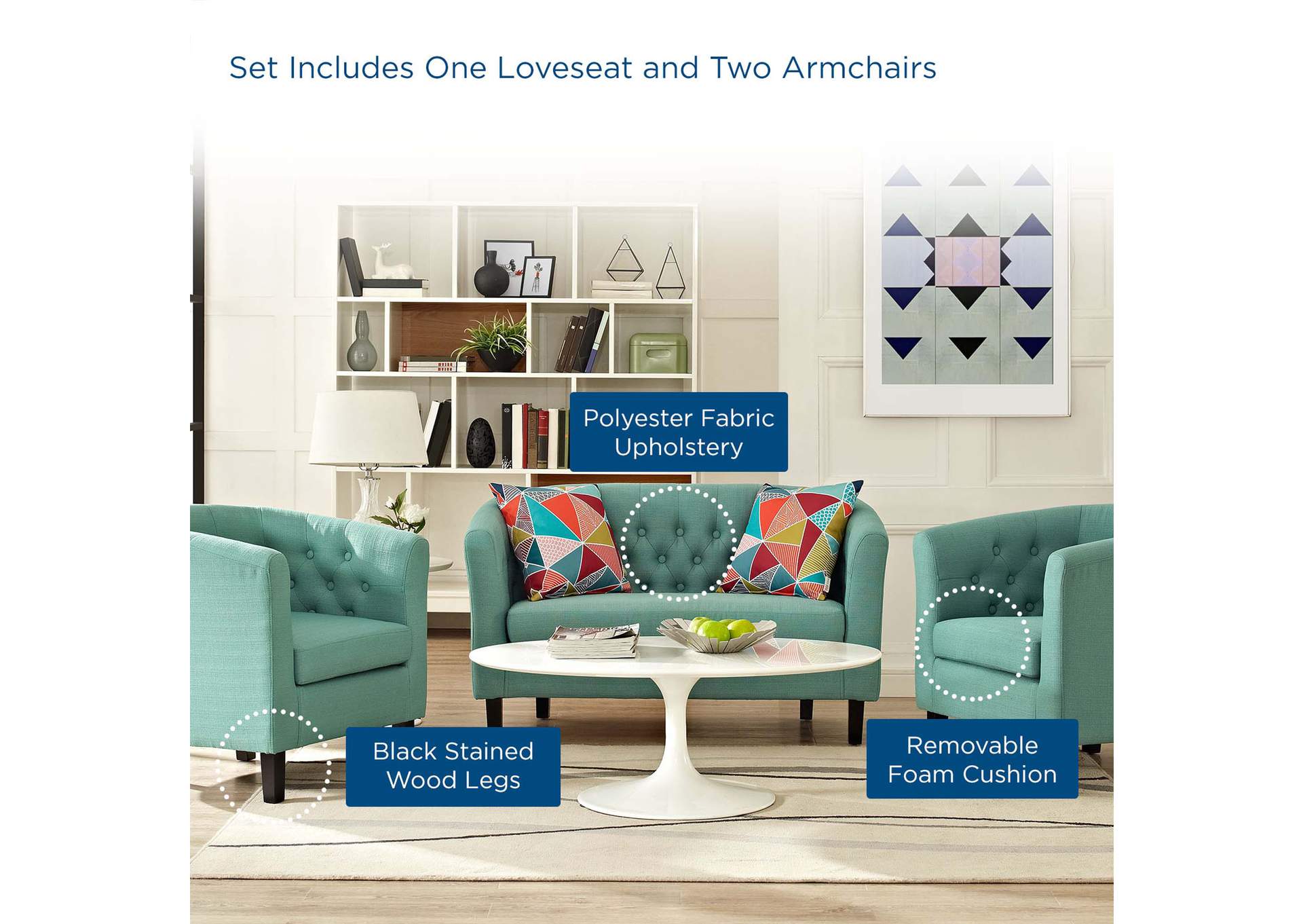 Laguna Prospect 3 Piece Upholstered Fabric Loveseat and Armchair Set,Modway