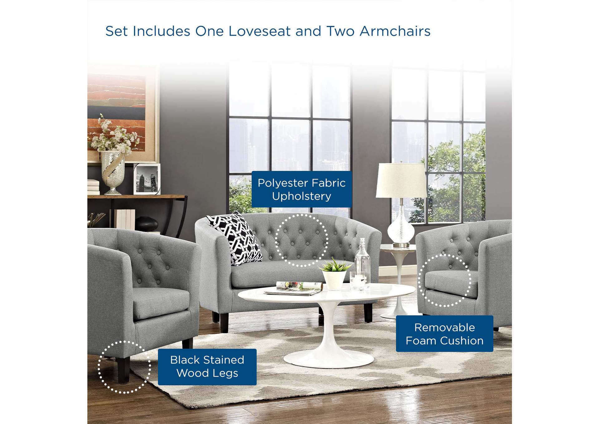 Light Gray Prospect 3 Piece Upholstered Fabric Loveseat and Armchair Set,Modway