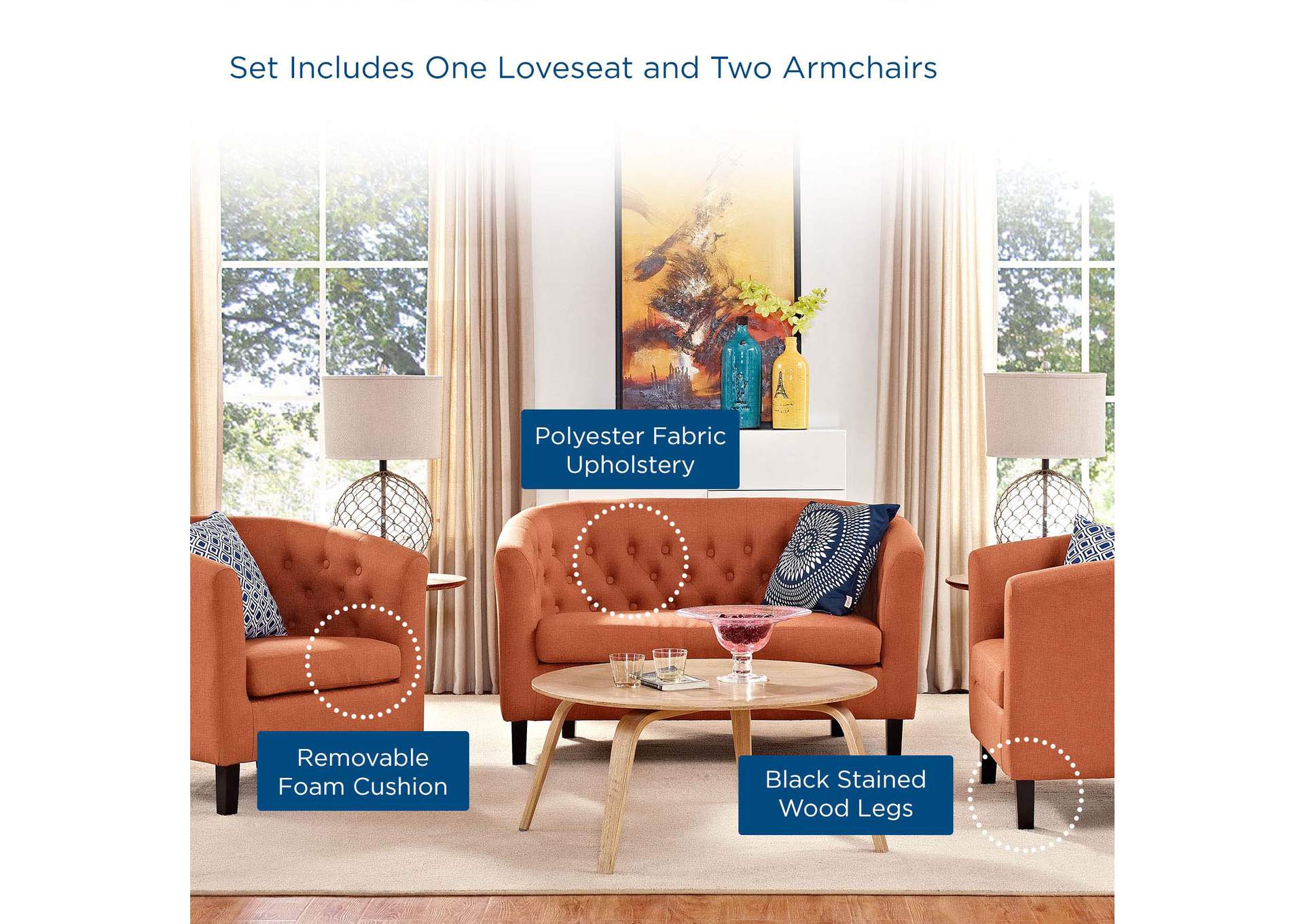 Orange Prospect 3 Piece Upholstered Fabric Loveseat and Armchair Set,Modway