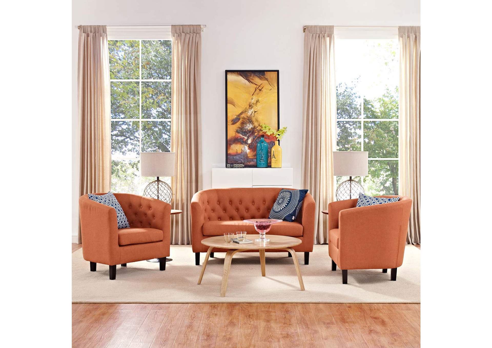 Orange Prospect 3 Piece Upholstered Fabric Loveseat and Armchair Set,Modway