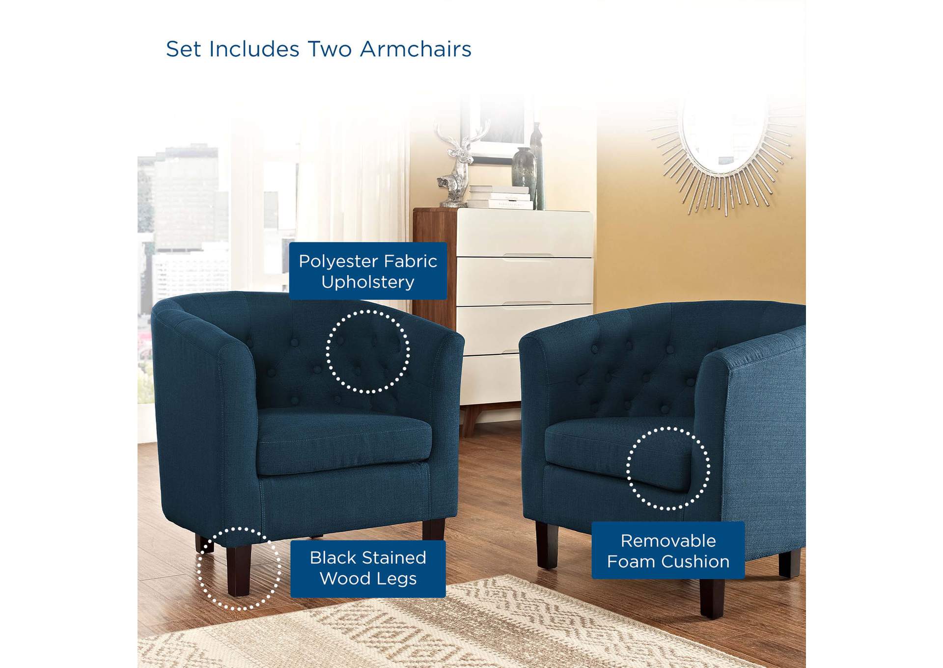 Azure Prospect 2 Piece Upholstered Fabric Arm Chair Set,Modway