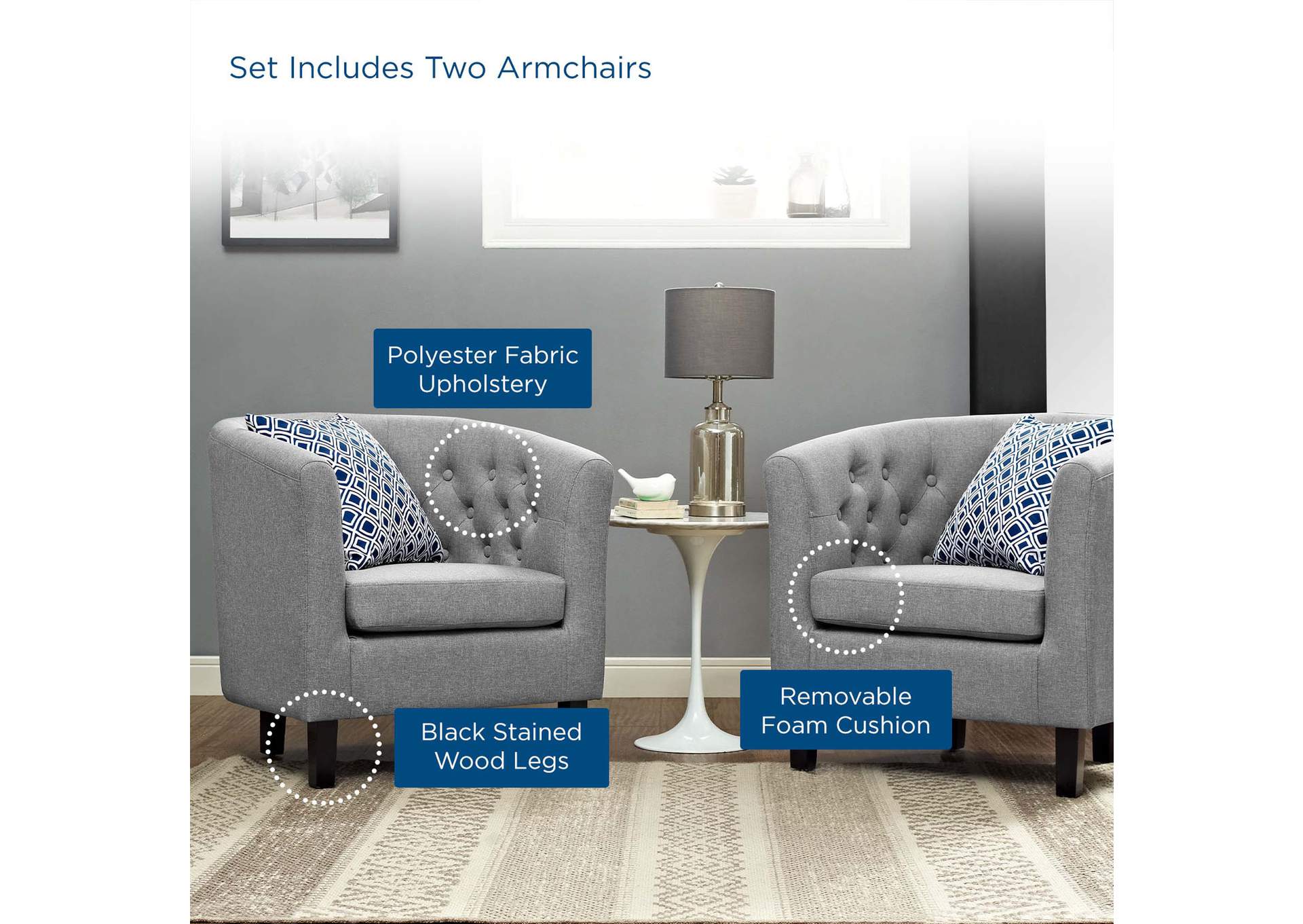 Light Gray Prospect 2 Piece Upholstered Fabric Arm Chair Set,Modway