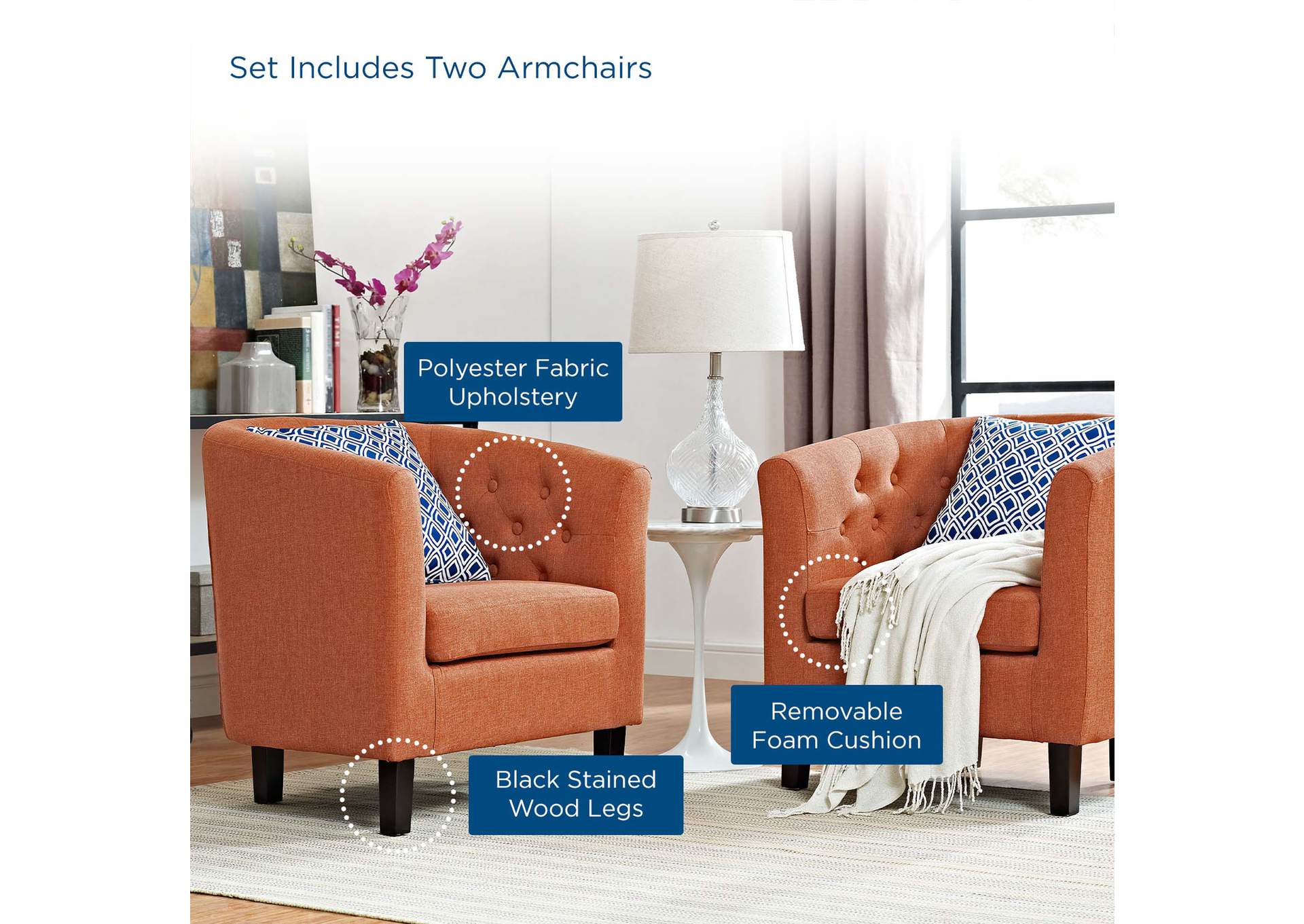 Orange Prospect 2 Piece Upholstered Fabric Arm Chair Set,Modway