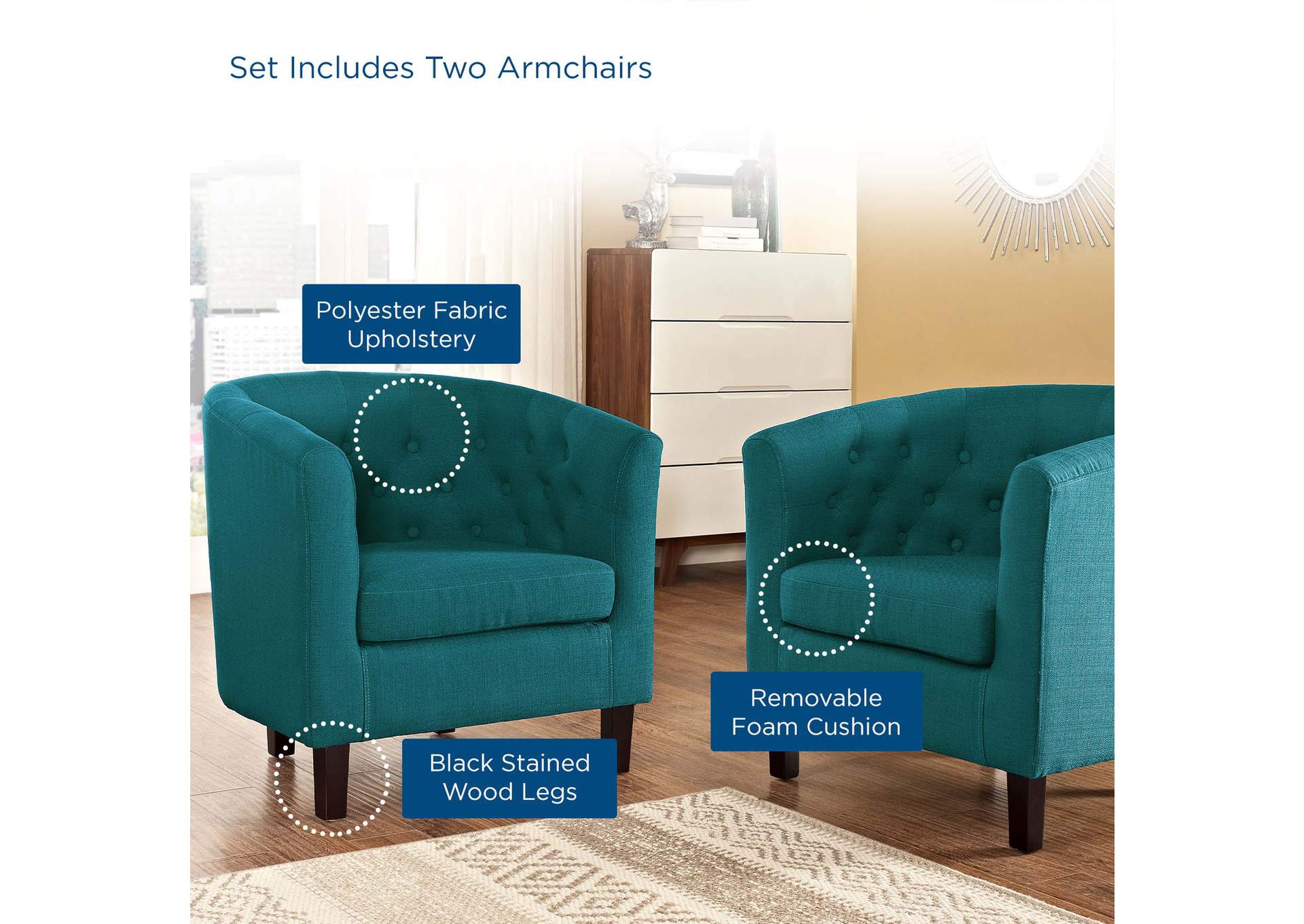 Teal Prospect 2 Piece Upholstered Fabric Arm Chair Set,Modway
