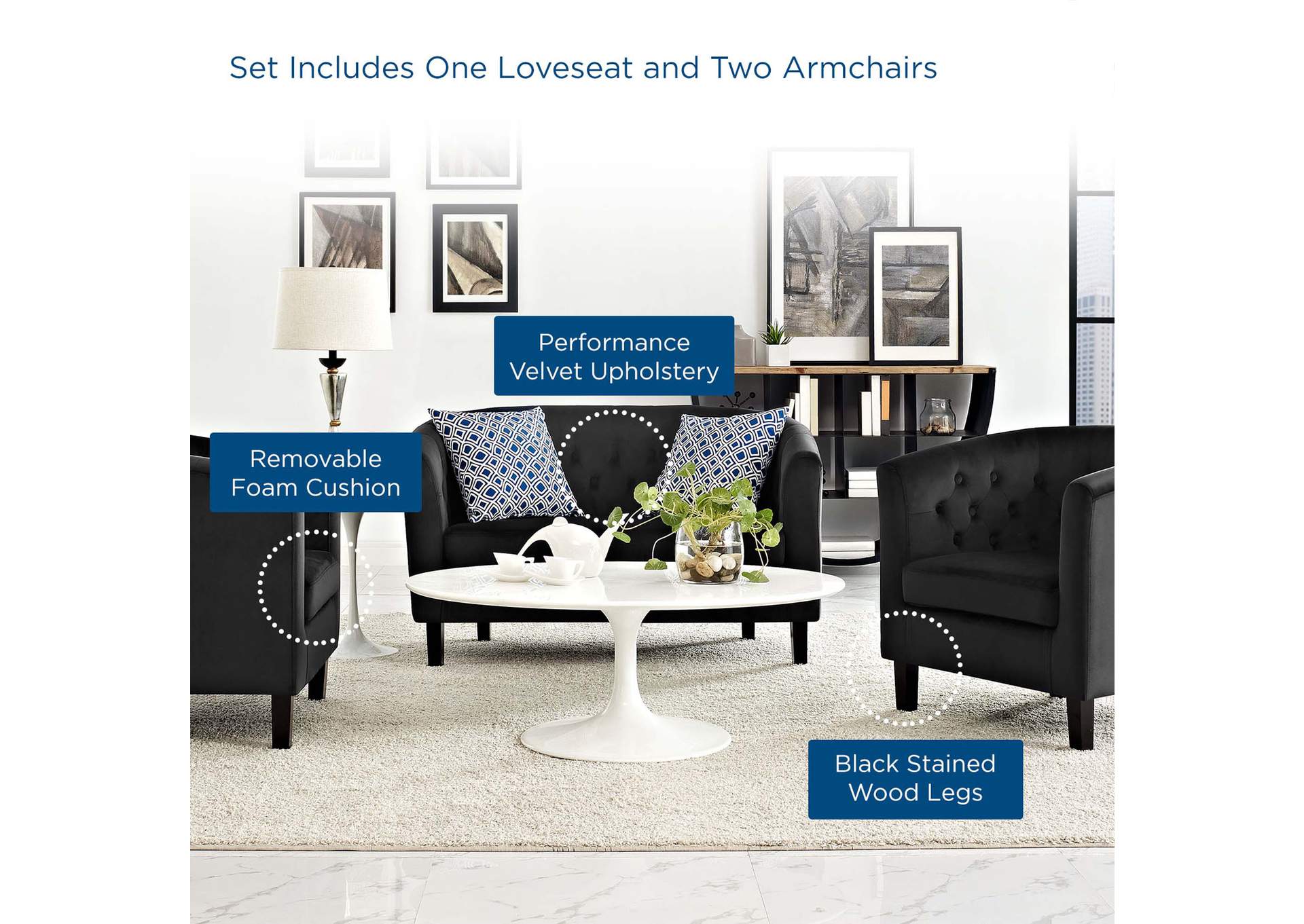 Prospect Black 3 Piece Performance Velvet Loveseat and Armchair Set,Modway