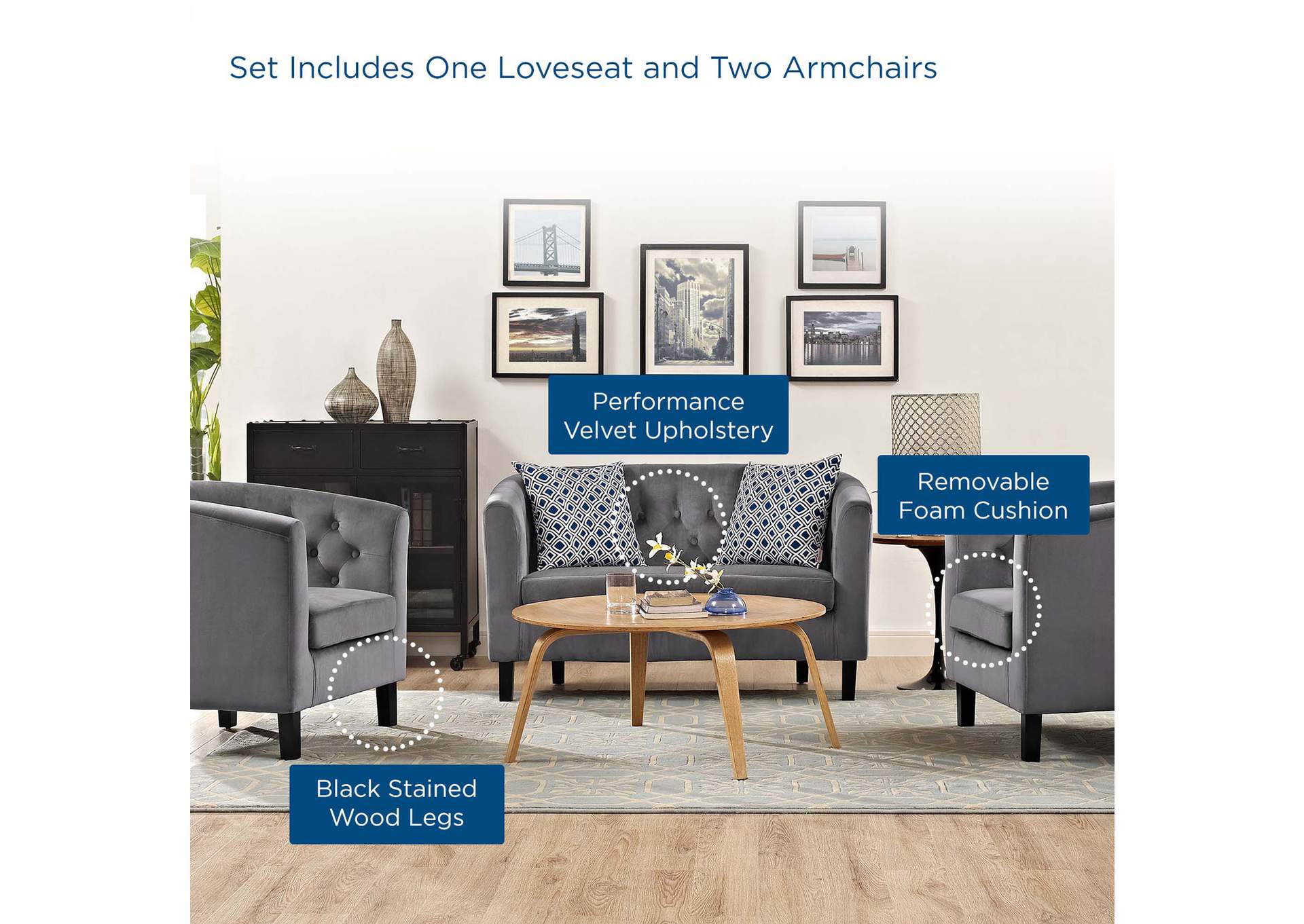 Gray Prospect 3 Piece Performance Velvet Loveseat and Armchair Set,Modway