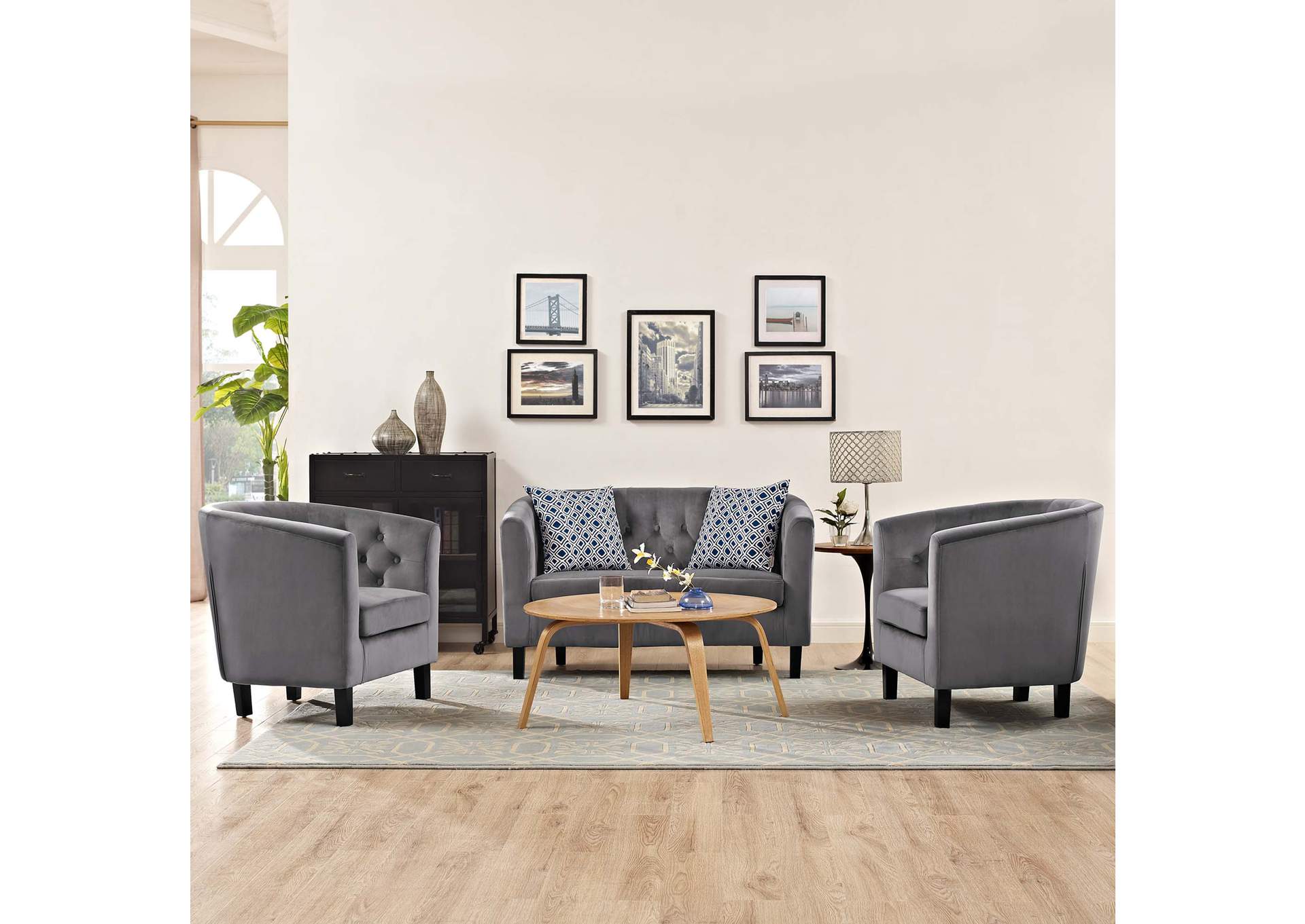Gray Prospect 3 Piece Performance Velvet Loveseat and Armchair Set,Modway