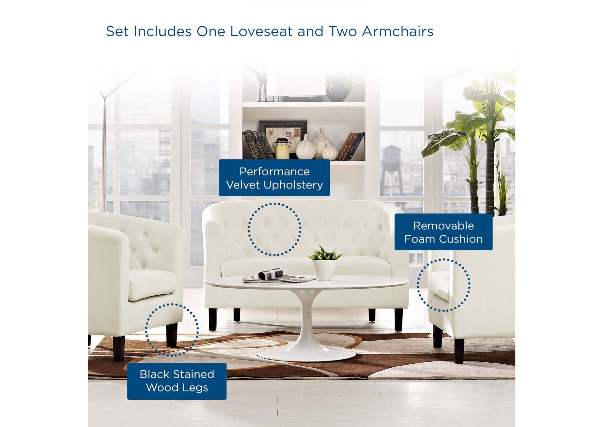 Ivory Prospect 3 Piece Performance Velvet Loveseat and Armchair Set,Modway
