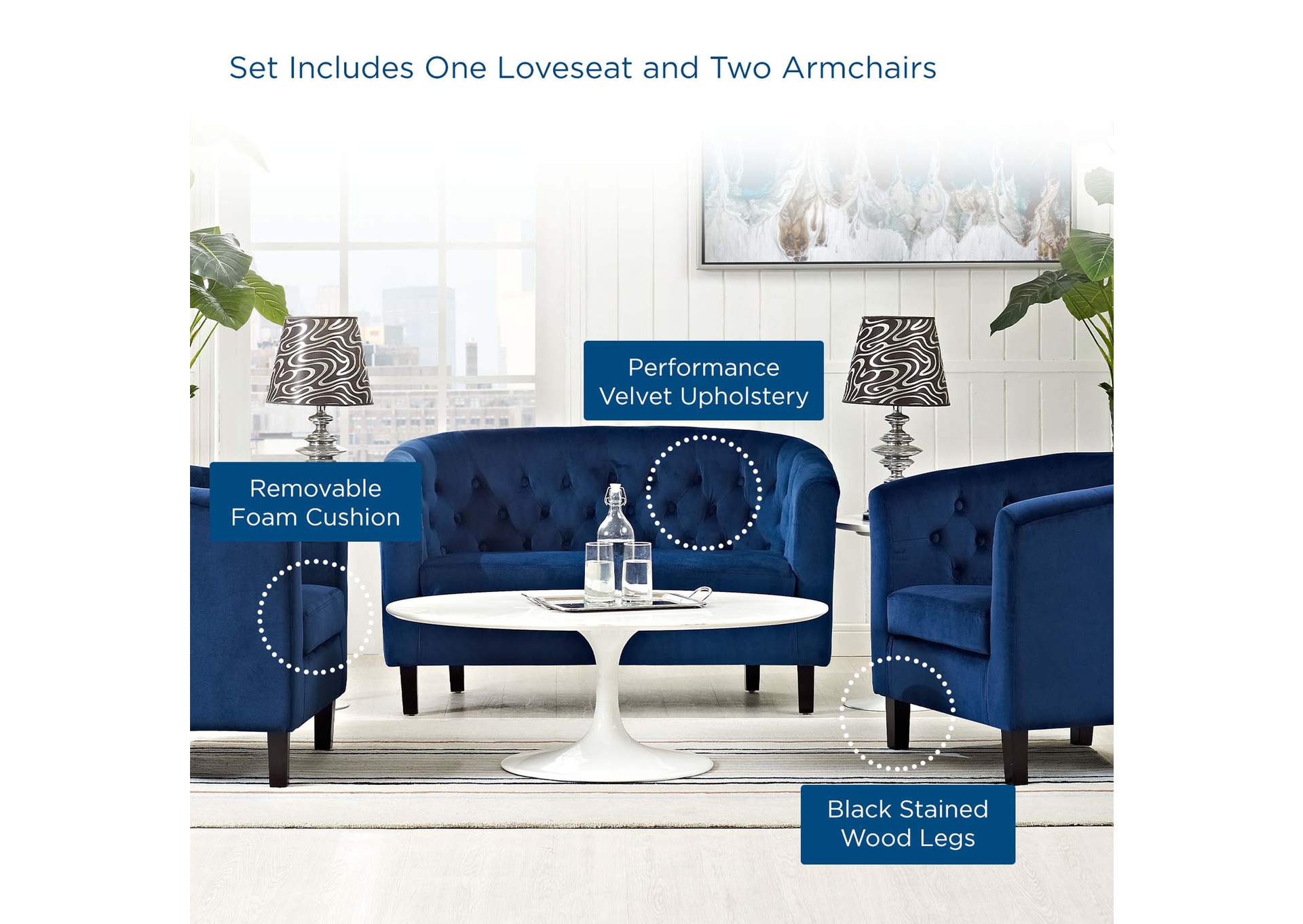 Navy Prospect 3 Piece Performance Velvet Loveseat and Armchair Set,Modway