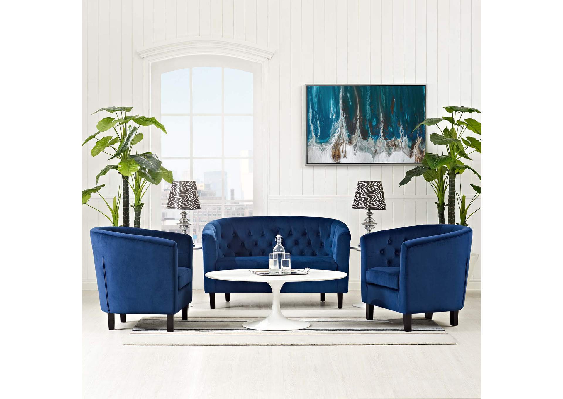 Navy Prospect 3 Piece Performance Velvet Loveseat and Armchair Set,Modway