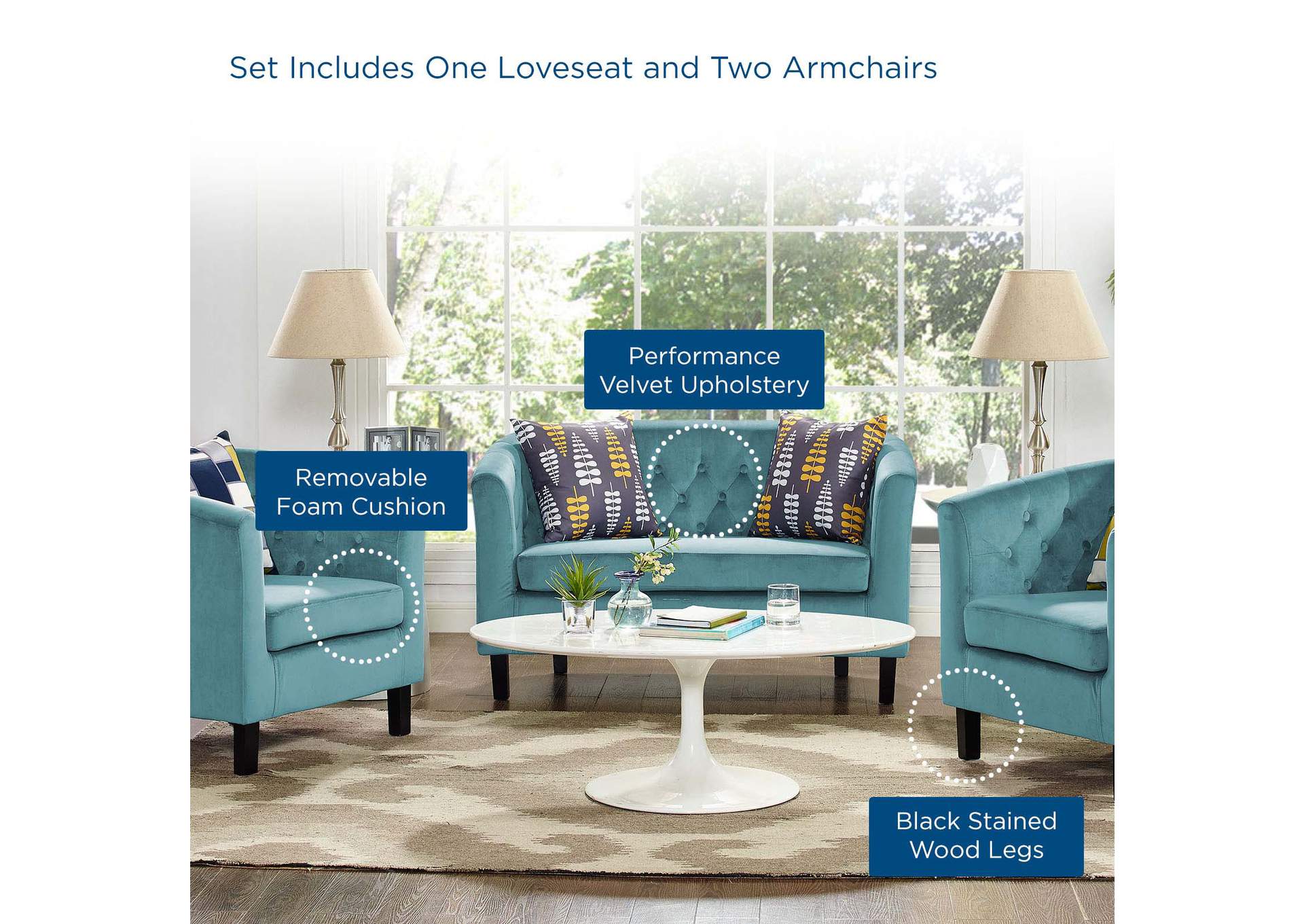 Sea Blue Prospect 3 Piece Performance Velvet Loveseat and Armchair Set,Modway