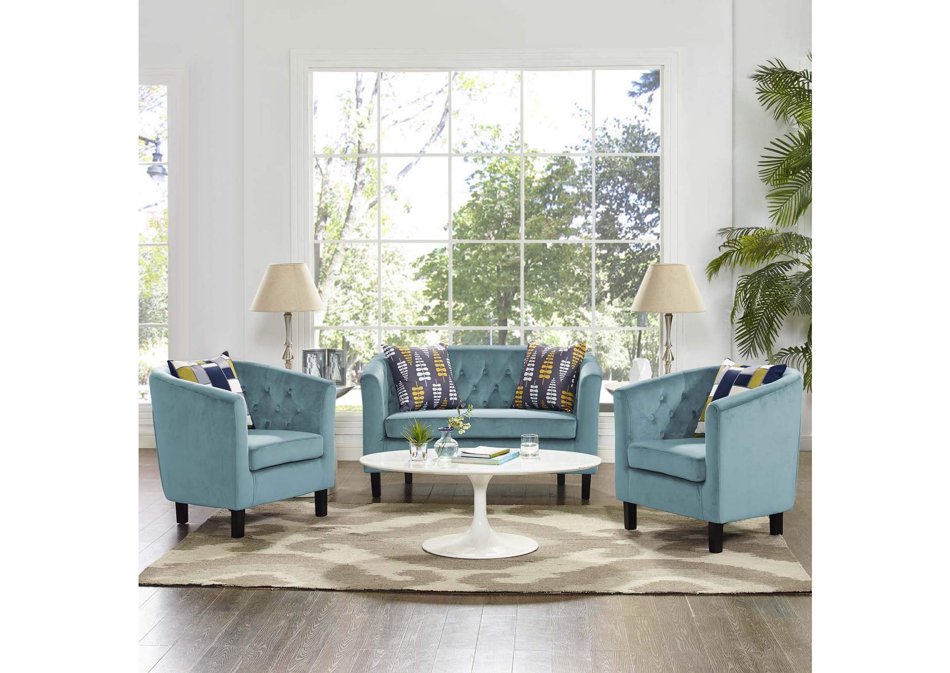 Sea Blue Prospect 3 Piece Performance Velvet Loveseat and Armchair Set,Modway
