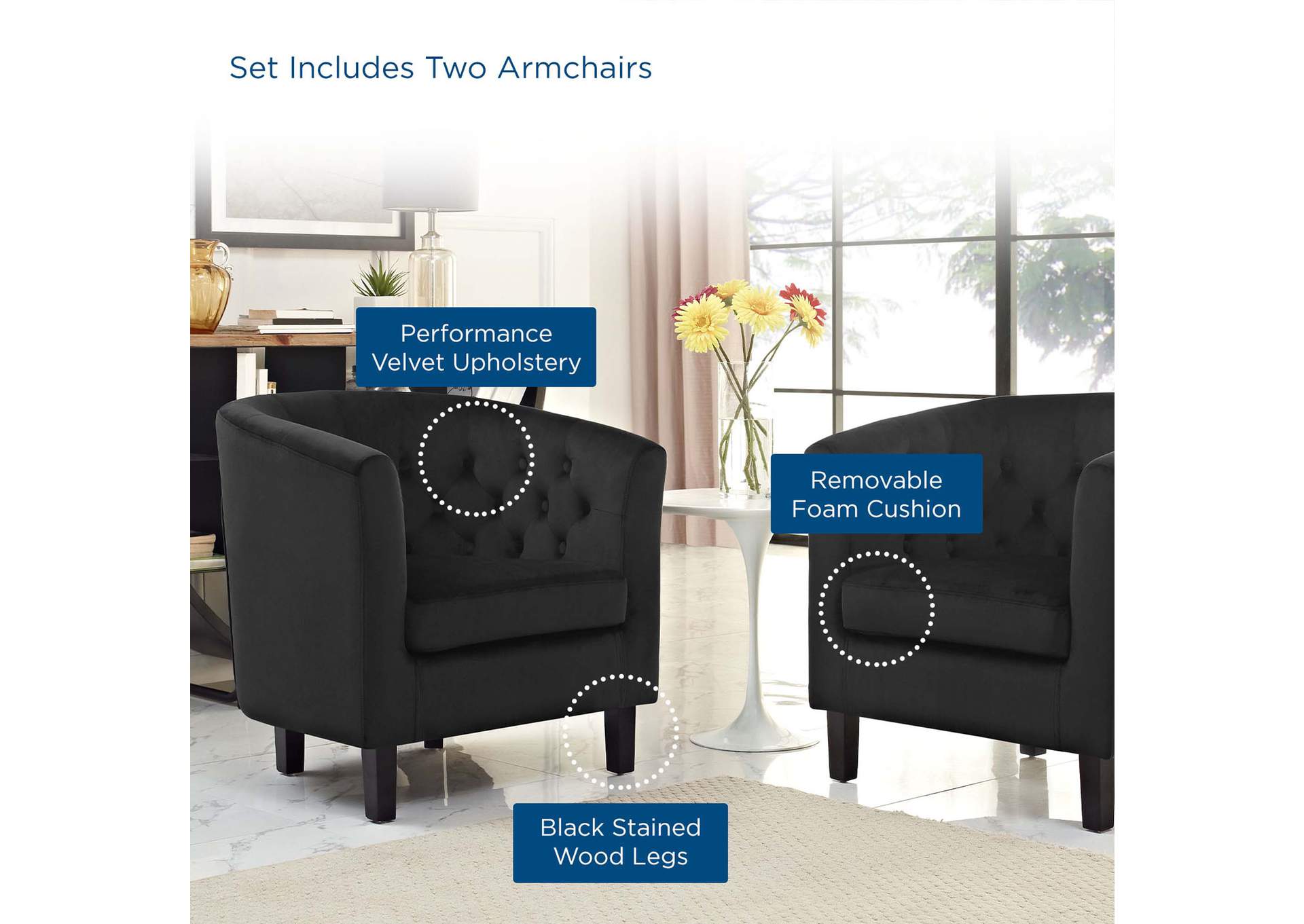 Black Prospect 2 Piece Performance Velvet Arm Chair Set,Modway