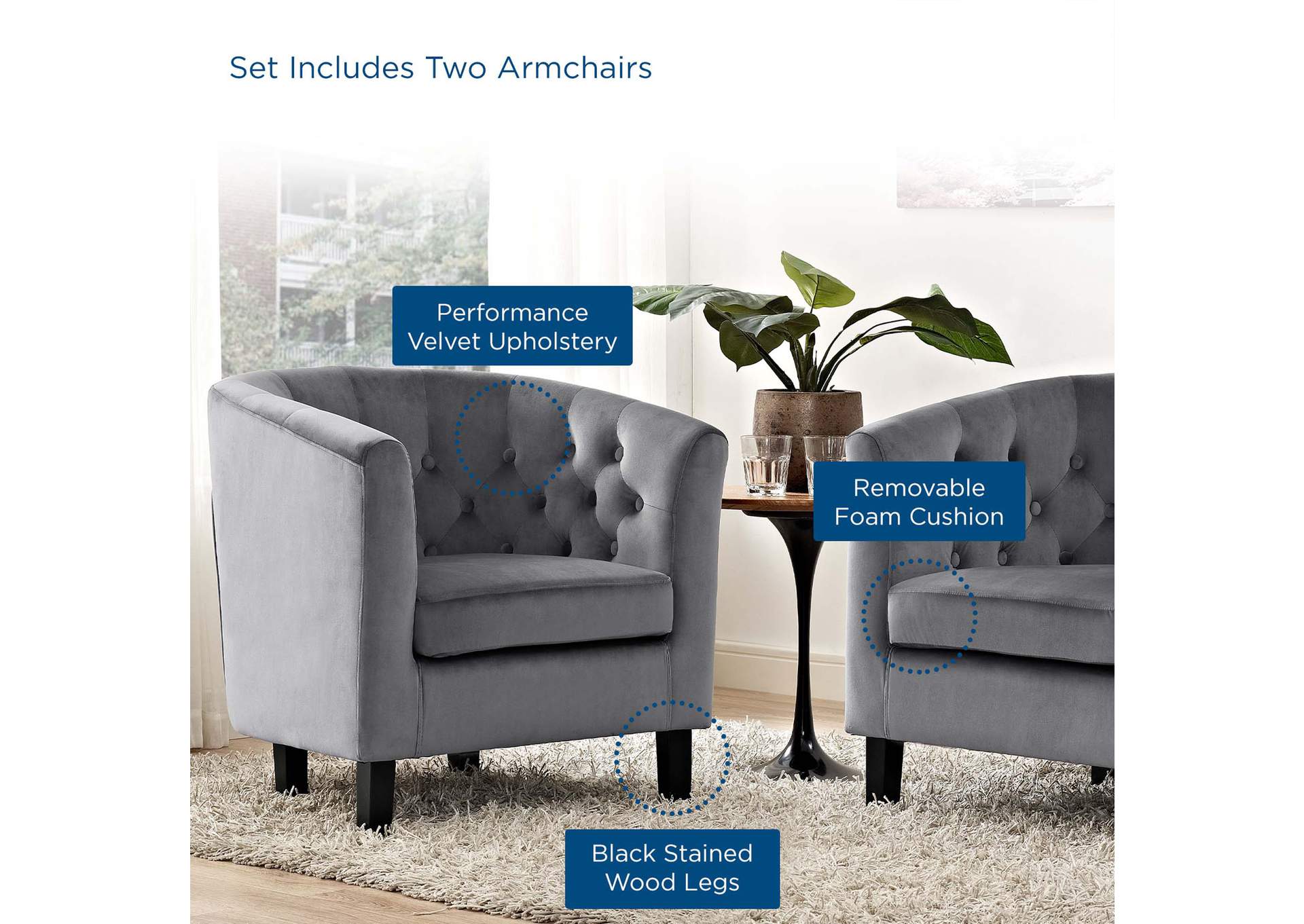 Gray Prospect 2 Piece Performance Velvet Arm Chair Set,Modway