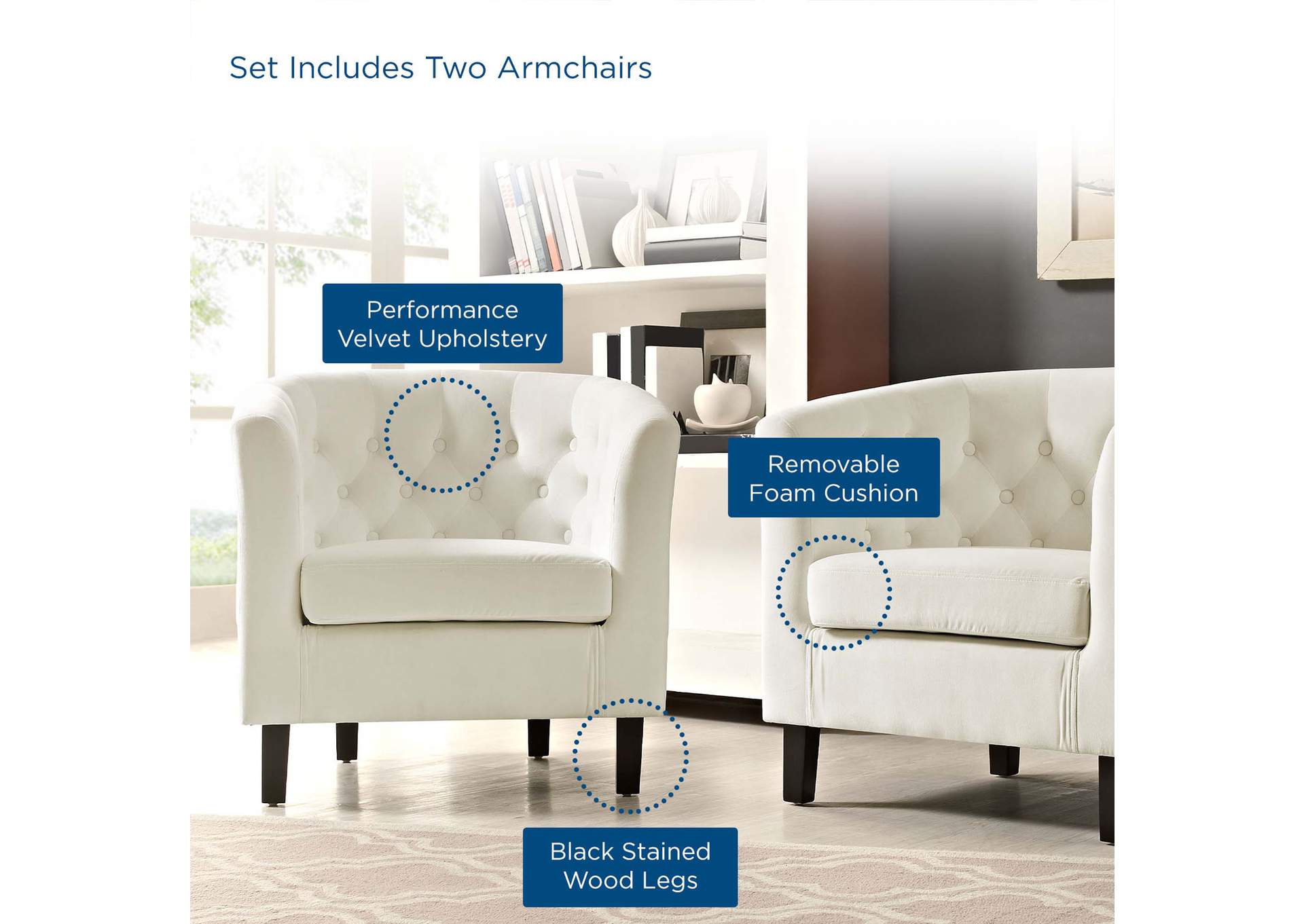 Ivory Prospect 2 Piece Performance Velvet Arm Chair Set,Modway