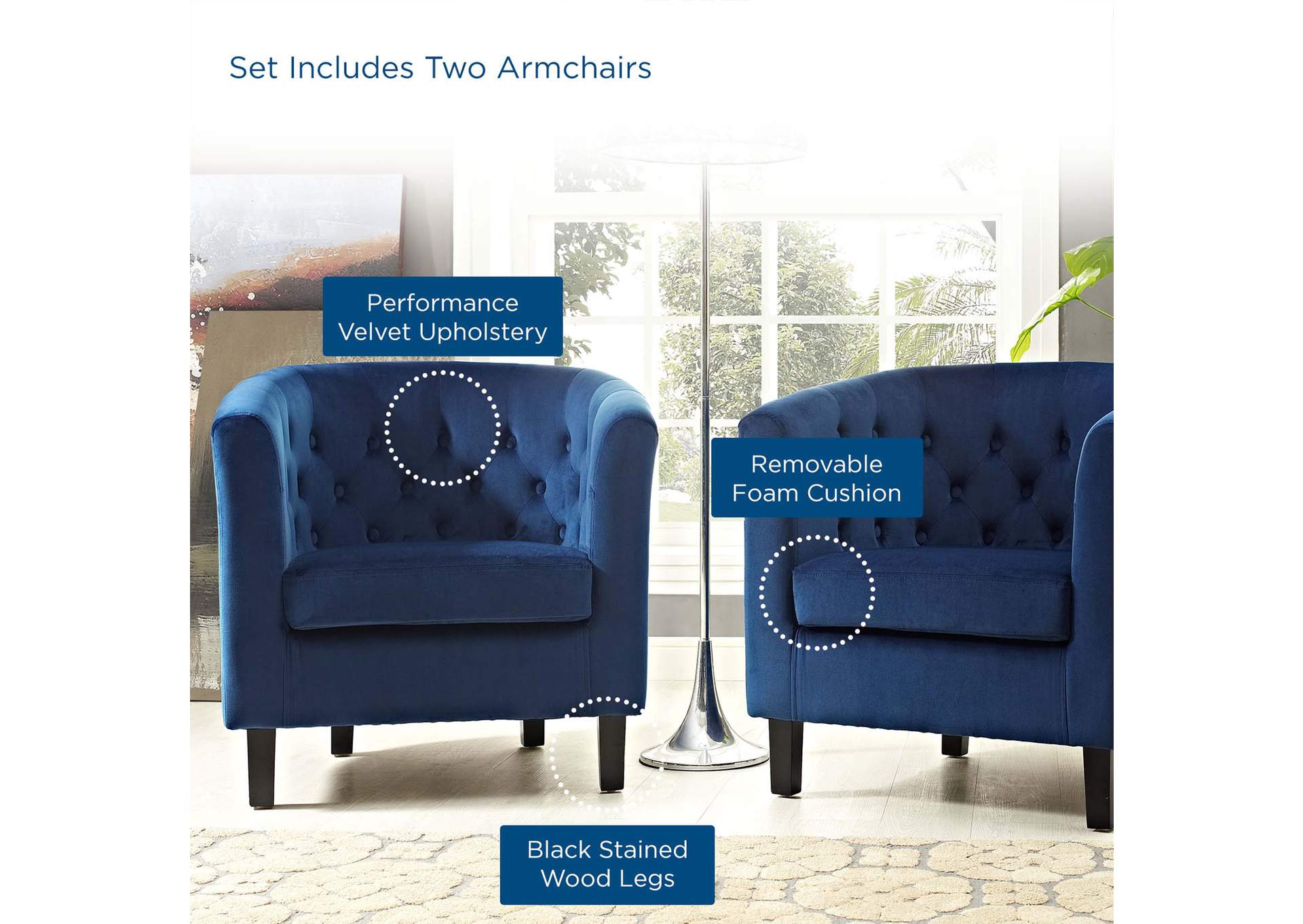 Navy Prospect 2 Piece Performance Velvet Arm Chair Set,Modway