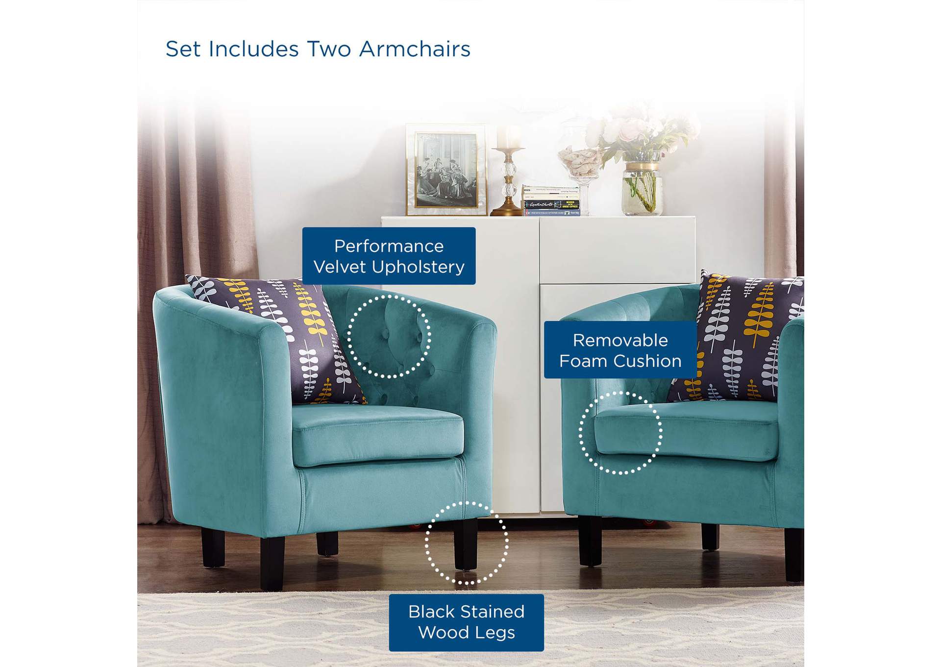 Sea Blue Prospect 2 Piece Performance Velvet Arm Chair Set,Modway