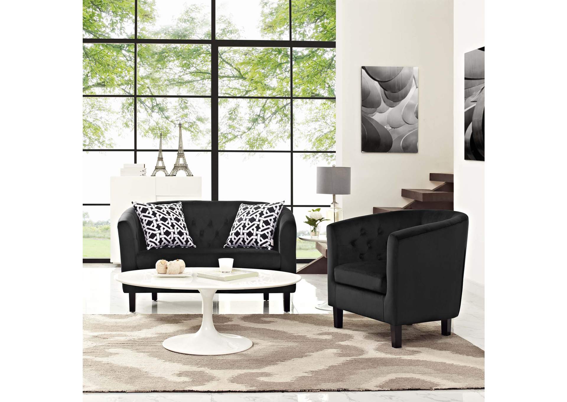 Black Prospect 2 Piece Performance Velvet Loveseat and Armchair Set,Modway