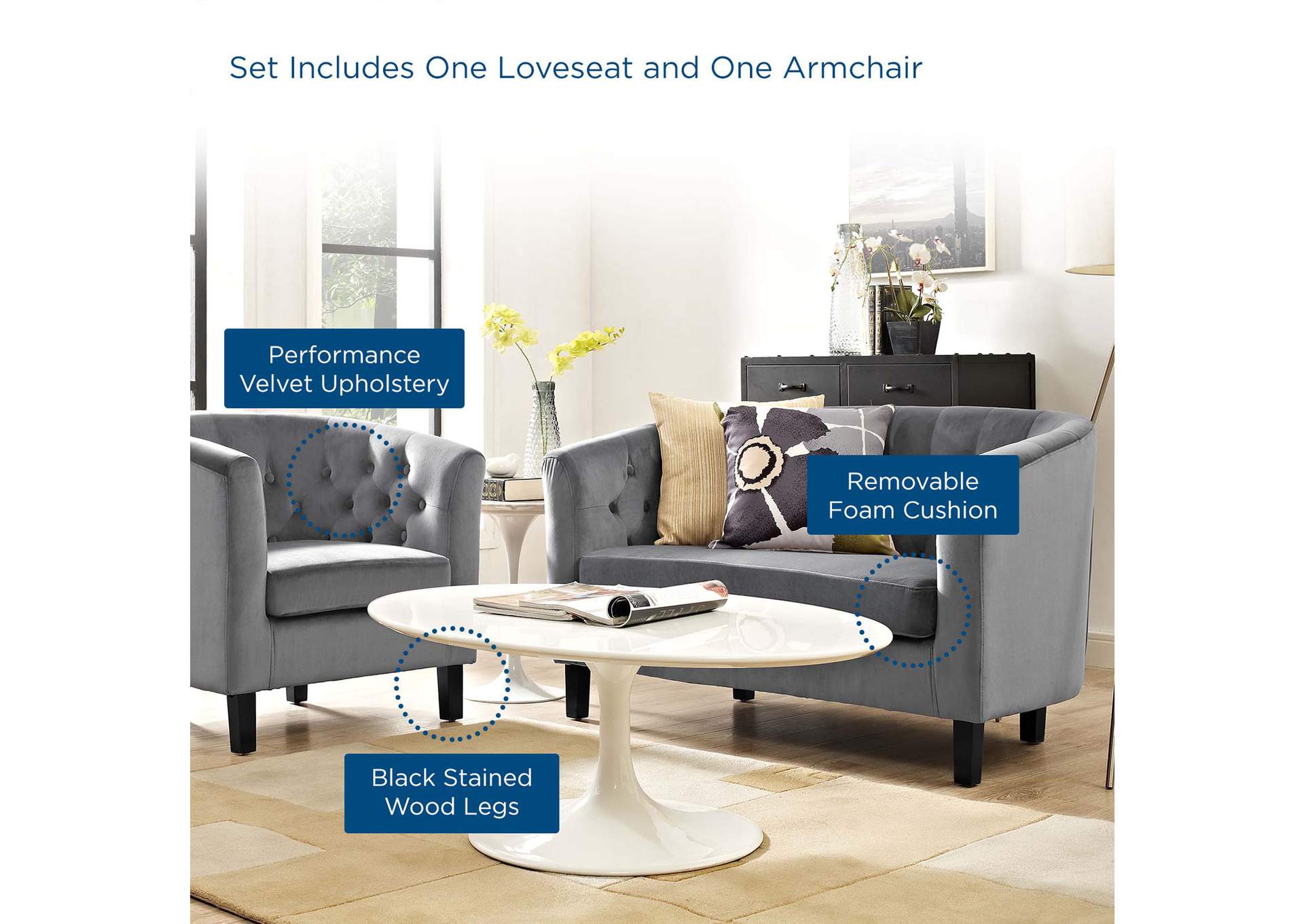 Gray Prospect 2 Piece Performance Velvet Loveseat and Armchair Set,Modway
