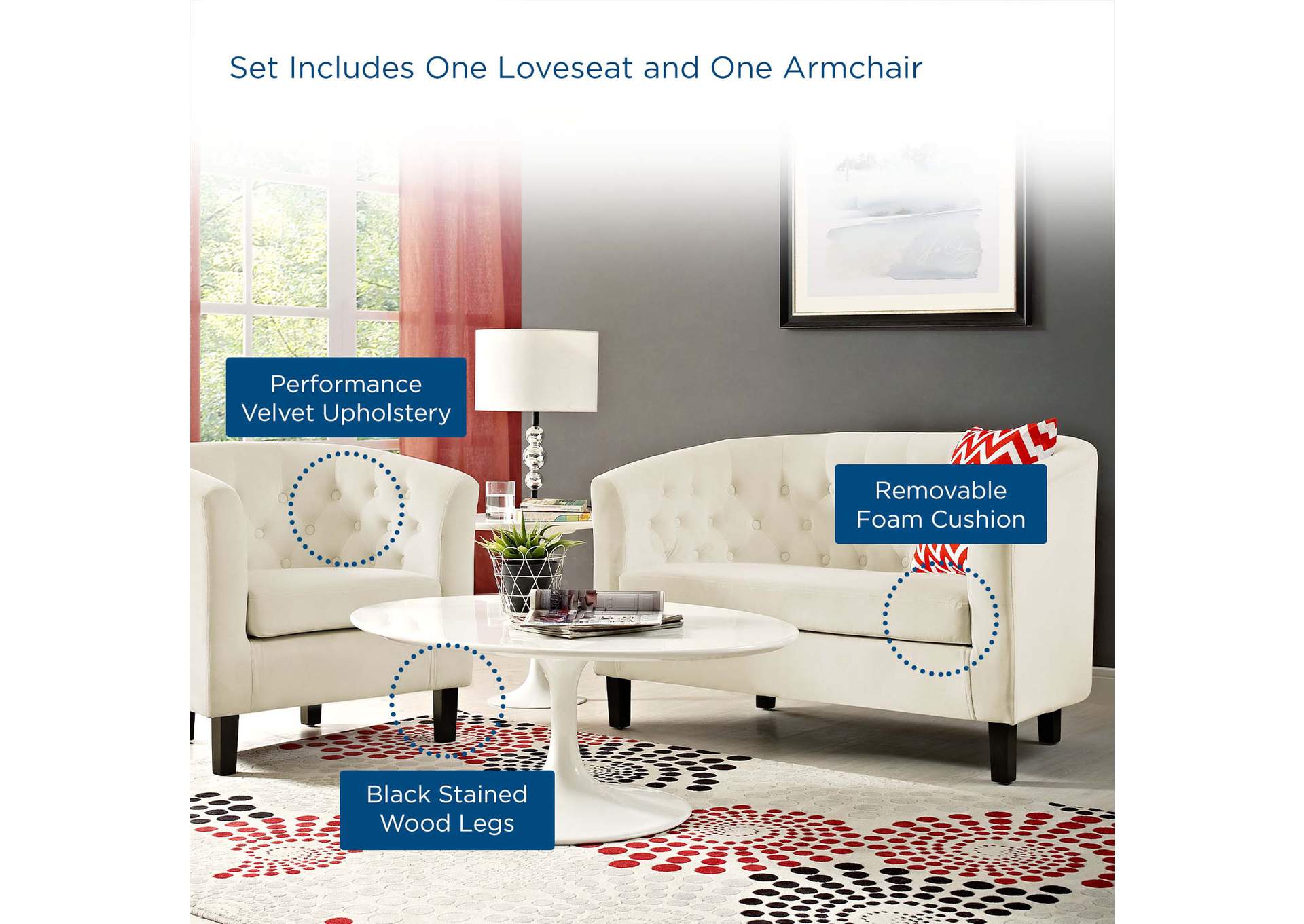 Ivory Prospect 2 Piece Performance Velvet Loveseat and Armchair Set,Modway
