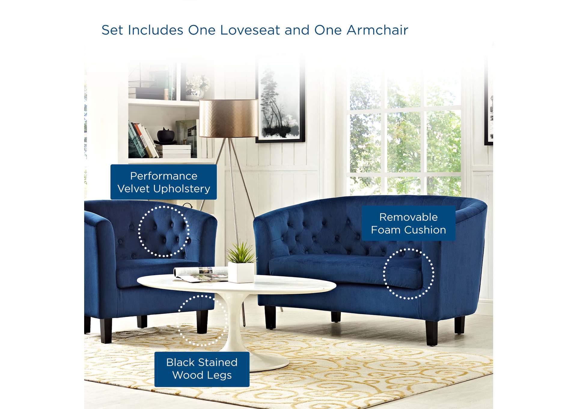 Navy Prospect 2 Piece Performance Velvet Loveseat and Armchair Set,Modway