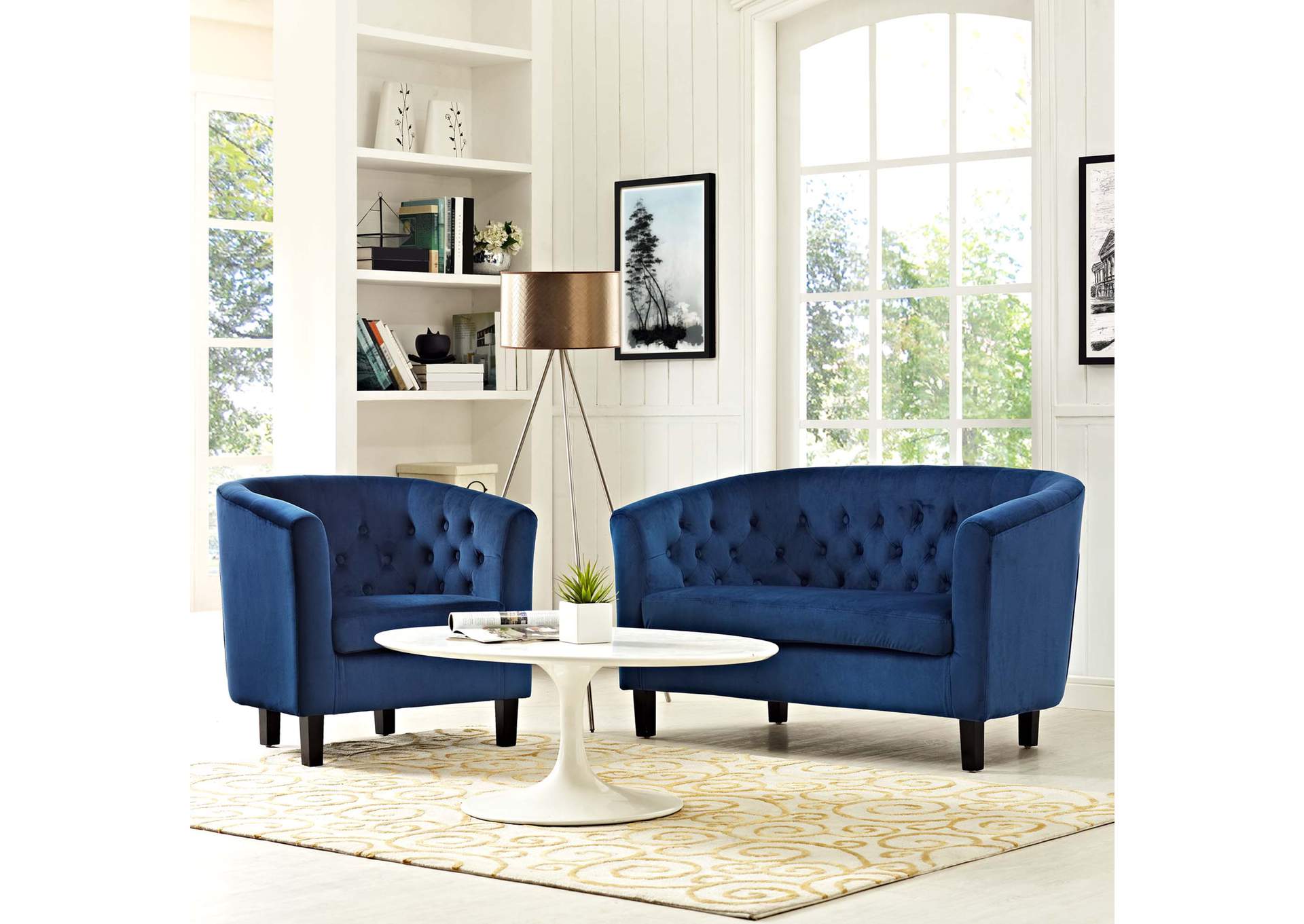 Navy Prospect 2 Piece Performance Velvet Loveseat and Armchair Set,Modway