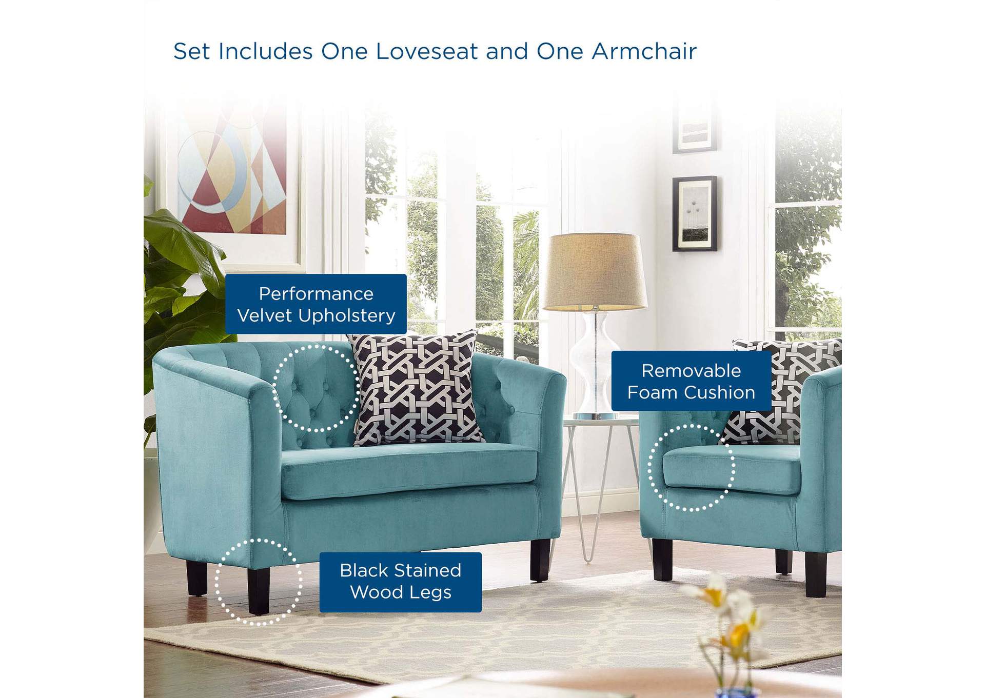 Sea Blue Prospect 2 Piece Performance Velvet Loveseat and Armchair Set,Modway