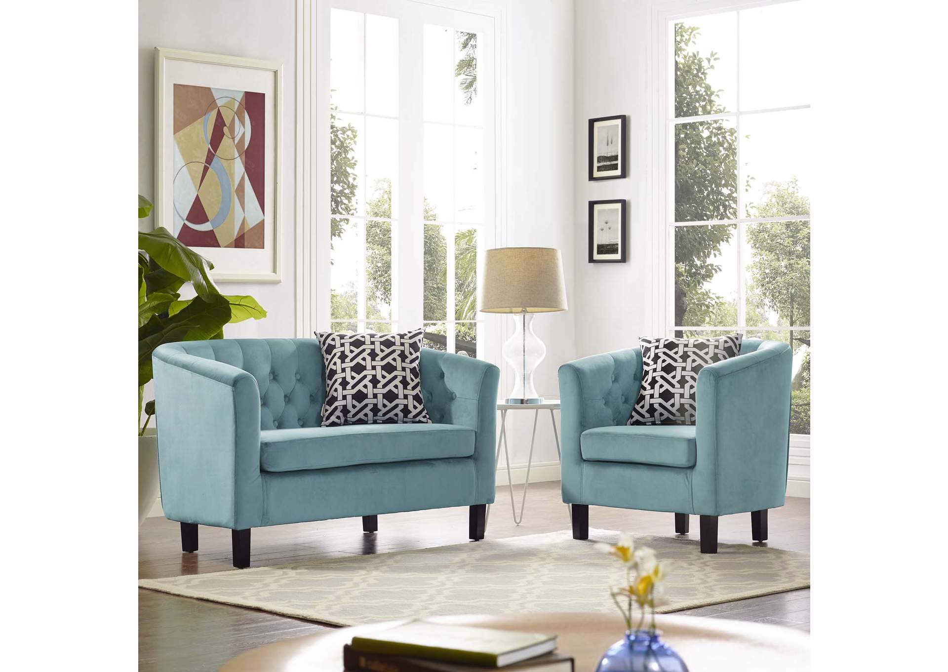 Sea Blue Prospect 2 Piece Performance Velvet Loveseat and Armchair Set,Modway