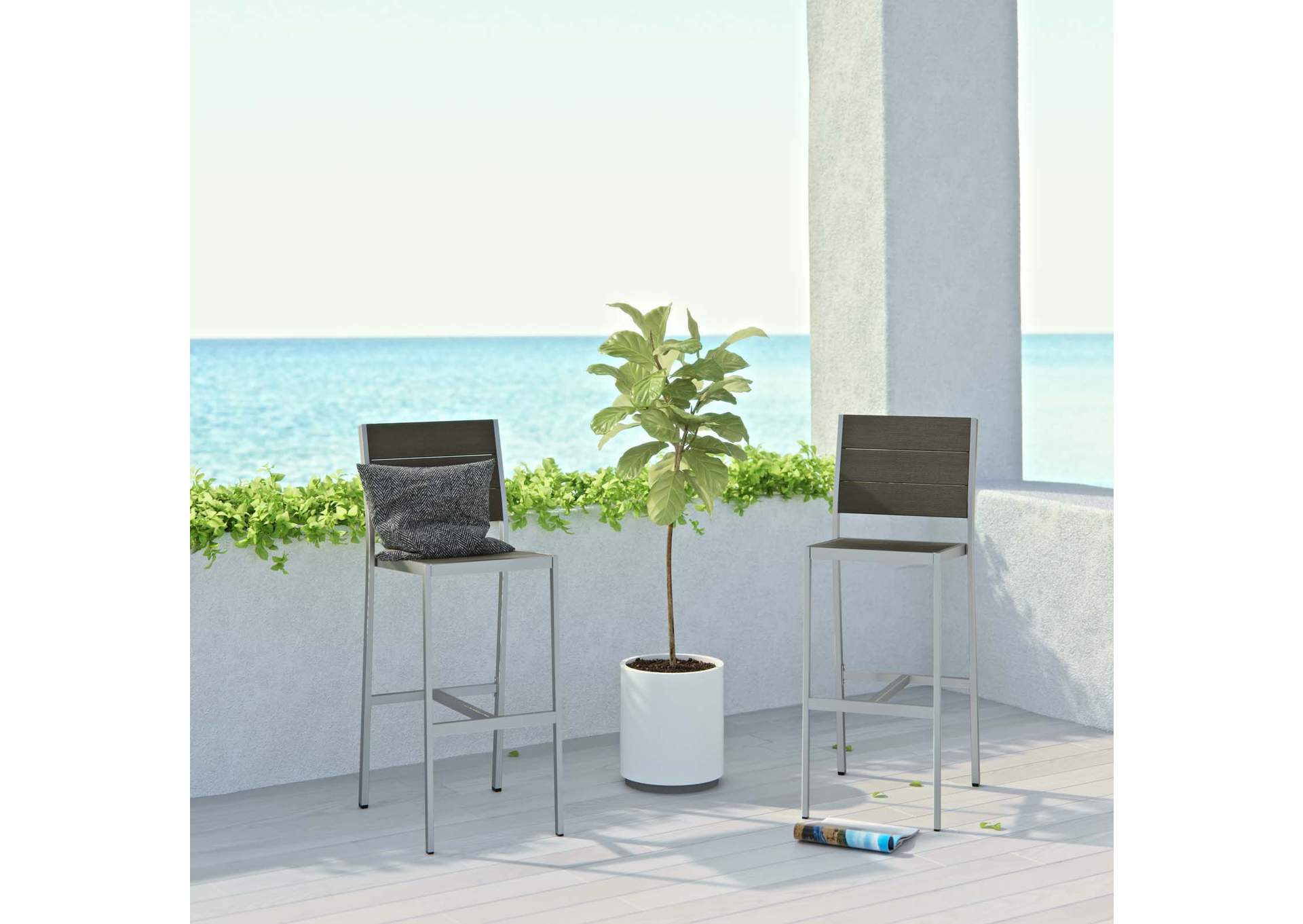 Silver Gray Shore Armless Bar Stool Outdoor Patio Aluminum [Set of 2],Modway