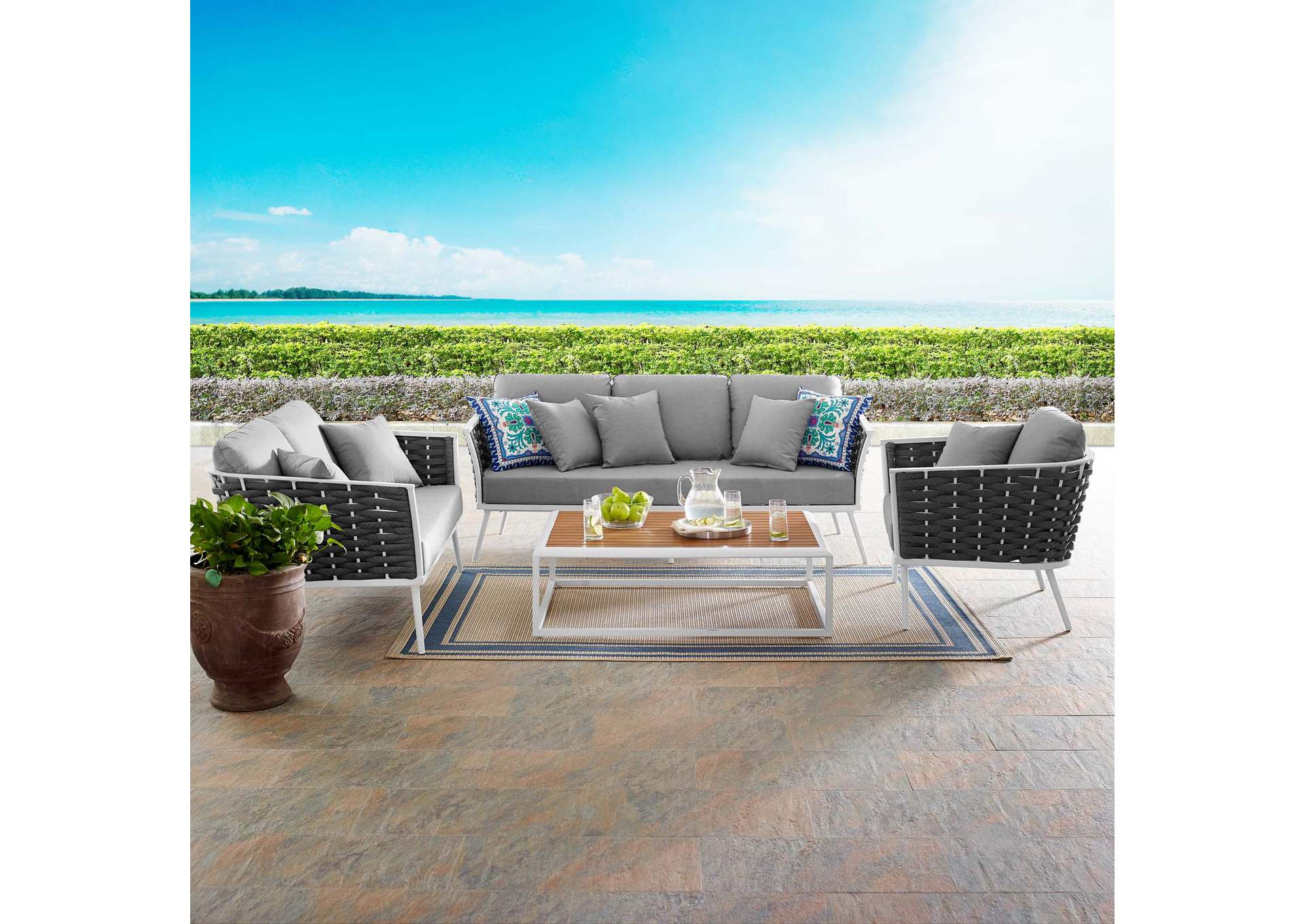 White Gray Stance 4 Piece Outdoor Patio Aluminum Sectional Sofa Set,Modway