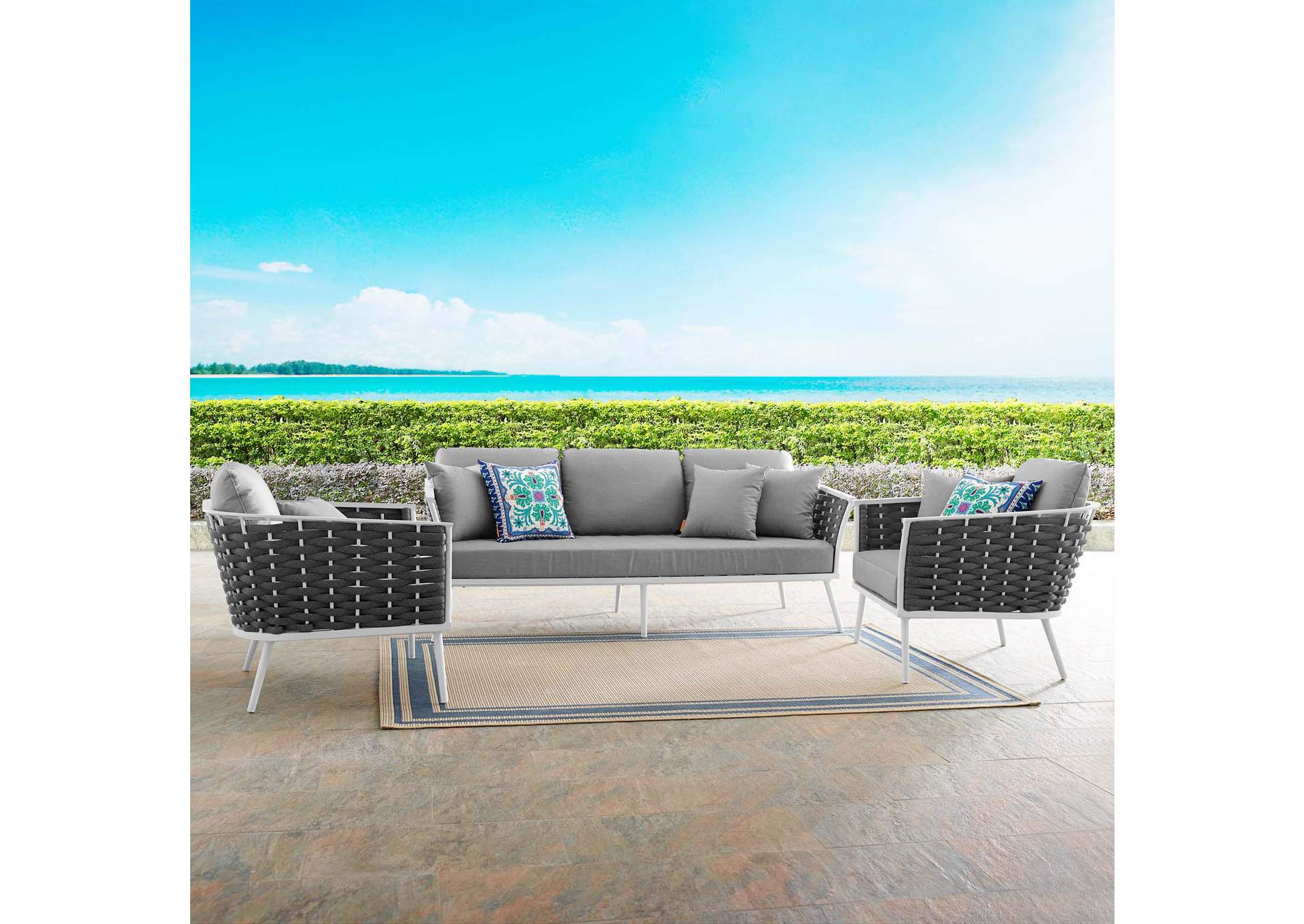 White Gray Stance 3 Piece Outdoor Patio Aluminum Sectional Sofa Set,Modway