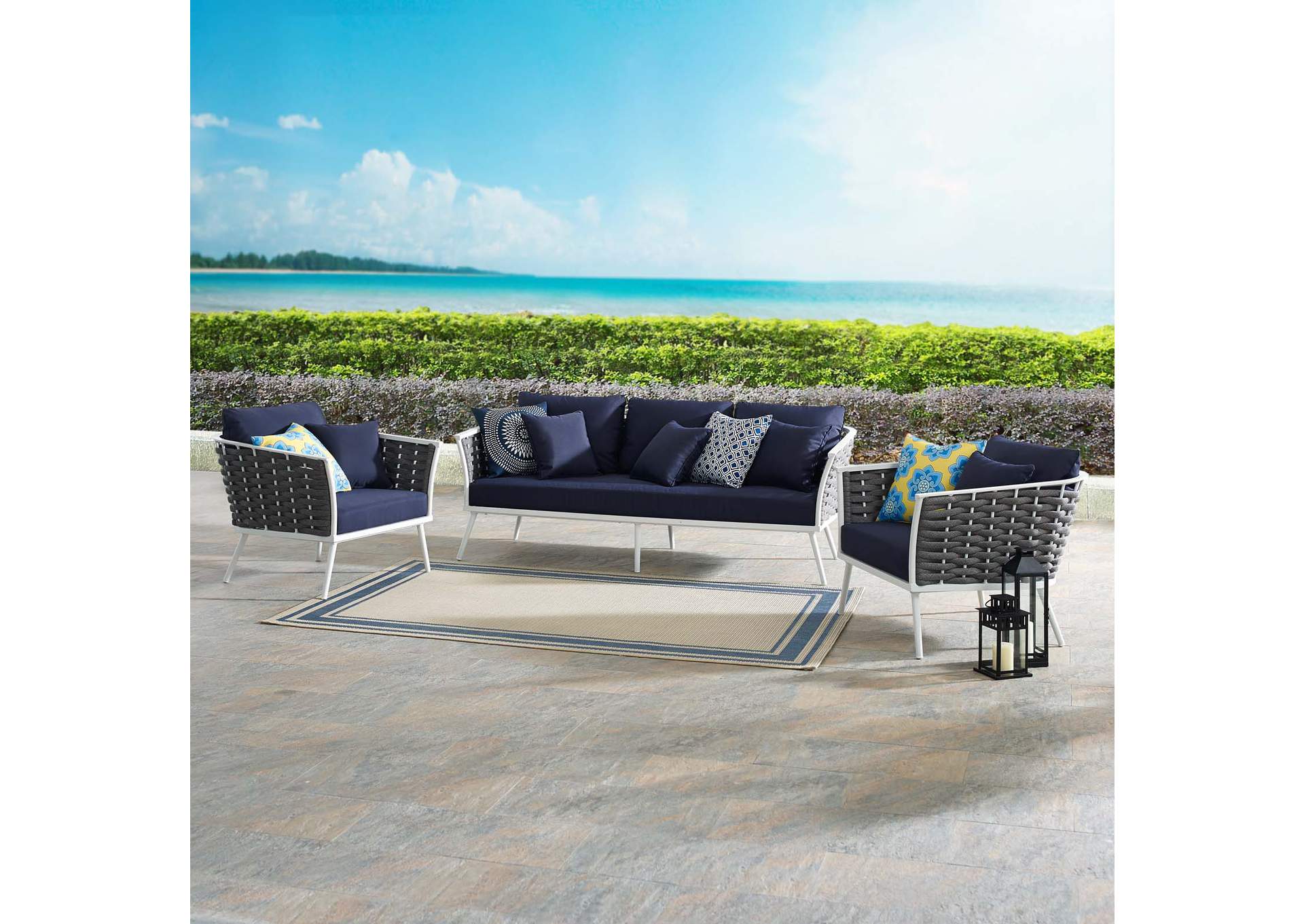 White Navy Stance 3 Piece Outdoor Patio Aluminum Sectional Sofa Set,Modway