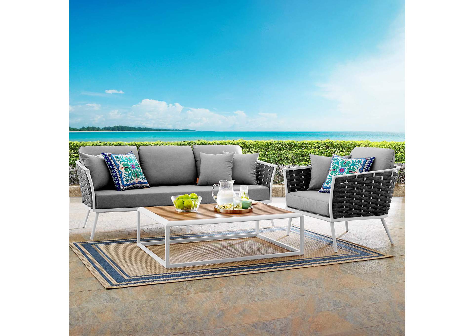 White Gray Stance 3 Piece Outdoor Patio Aluminum Sectional Sofa Set,Modway