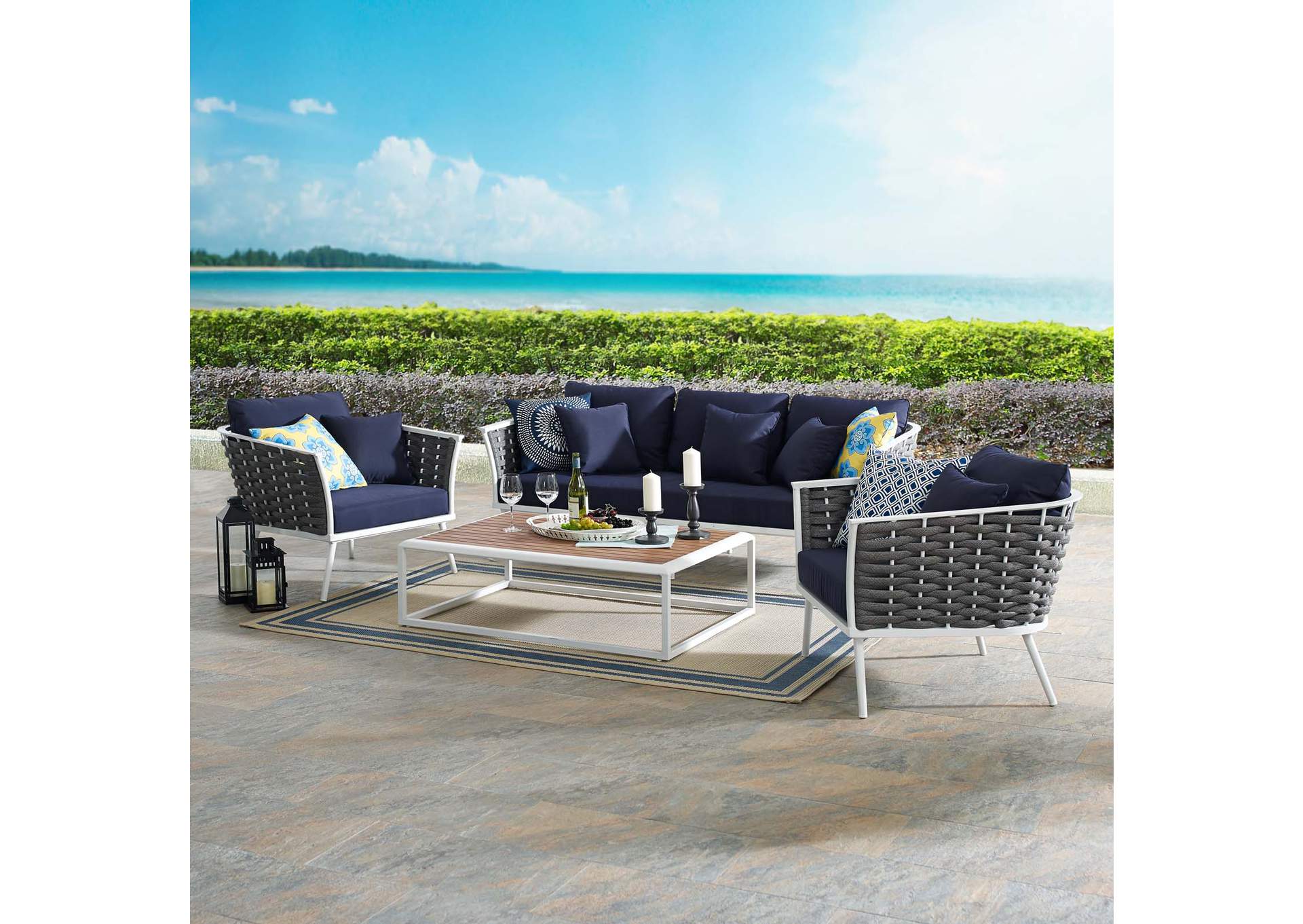 Stance White Navy 4 Piece Outdoor Patio Aluminum Sectional Sofa Set,Modway